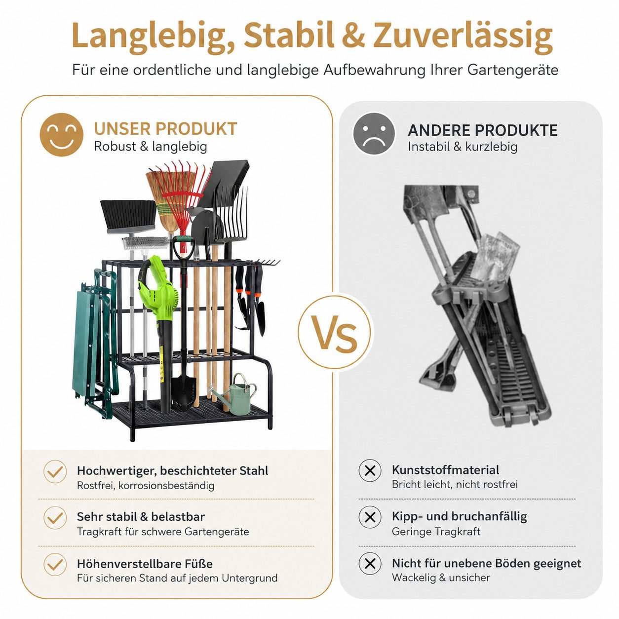 Toomoke Gartengerätehalter Metall Gartengerätehalter mit 3 Ebenen Werkzeugregal mit Haken, (für Garage, Garten & Keller, 74 × 41 × 66 cm,platzsparend,stabil, rostfrei,hohe Tragkraft)