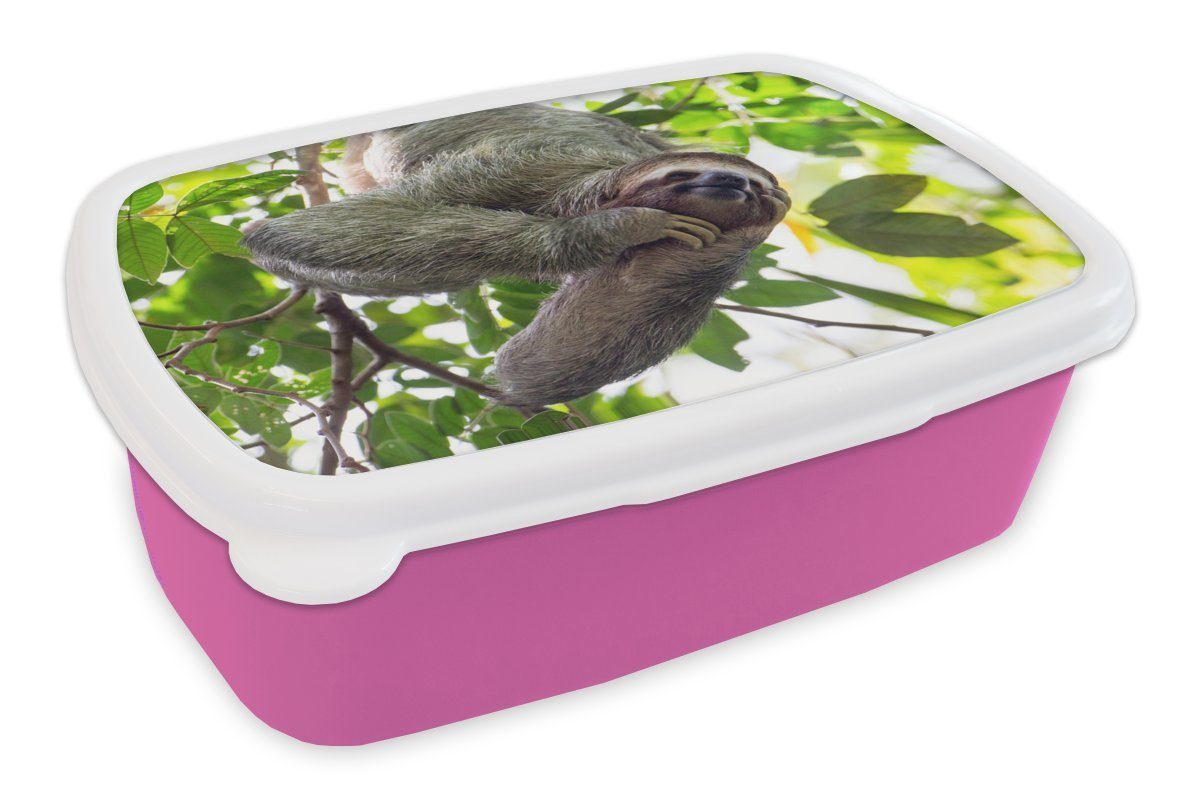 MuchoWow Lunchbox Ein lächelndes Faultier hängt in den grünen Bäumen, Kunststoff, (2-tlg), Brotbox für Erwachsene, Brotdose Kinder, Snackbox, Mädchen, Kunststoff rosa