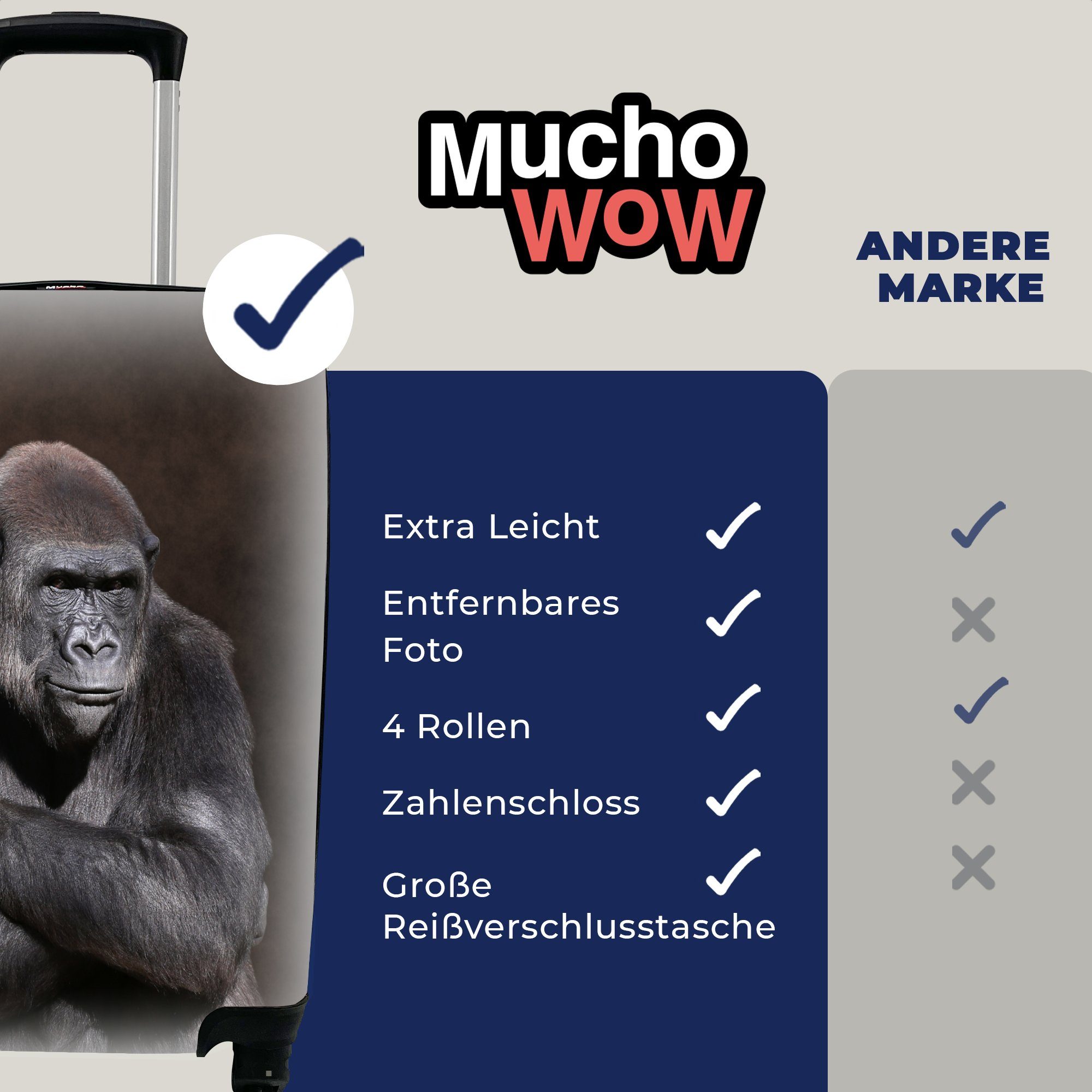 MuchoWow Porträt Handgepäck Rollen, mit Ferien, Gorillas eines 4 mit Handgepäckkoffer Händen, Reisetasche gekreuzten Reisekoffer Ein Trolley, für rollen,