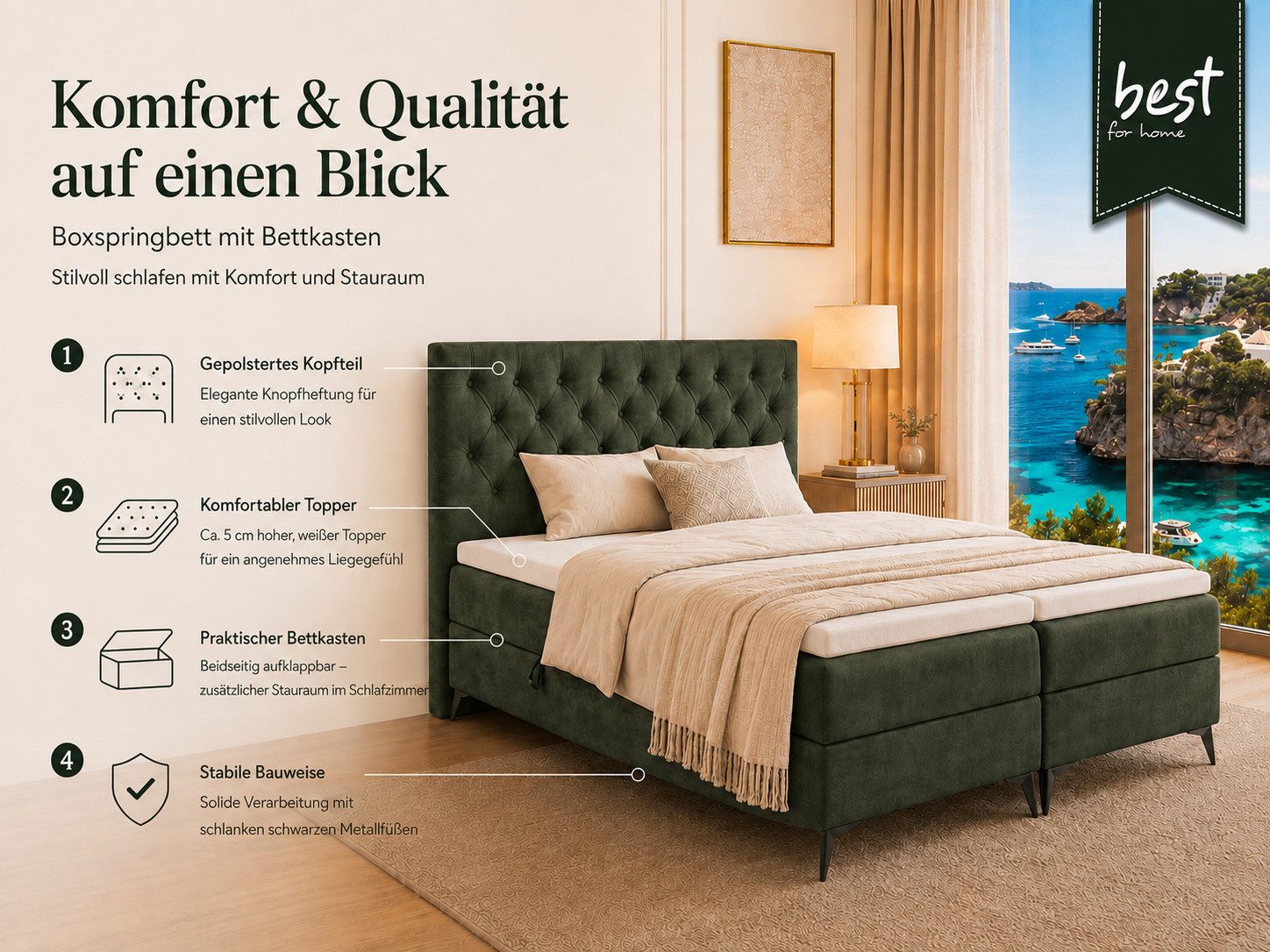 Best for Home Boxspringbett K18 SLIM mit zwei Bettkasten und Komfort Topper H3 (Bonell-Matratze, gepolstertes Kopfteil, Doppelbett versch. Größen, 1-St., 140x200 160x200 180x200 200x200 cm), Handwerksqualität, TOP Preis-Leistungs-Verhältnis