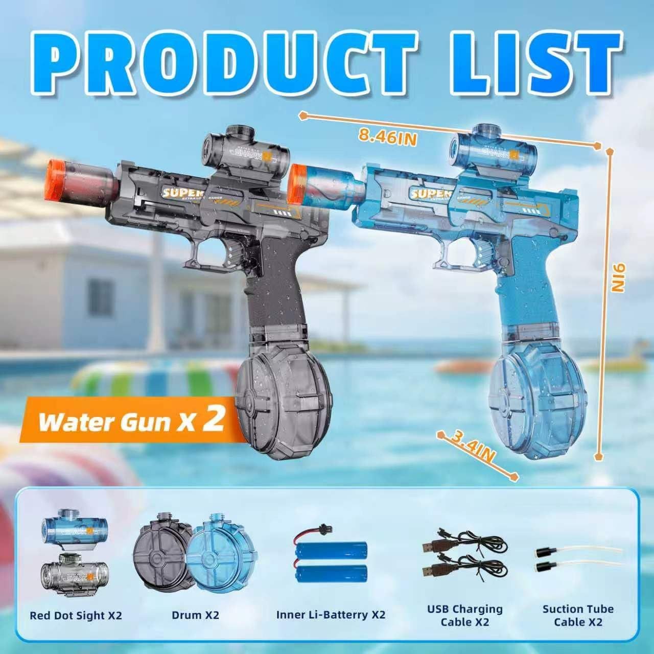 Athlix Wasserpistole 2er Pack Elektrische Wasserpistolen Automatisch mit Blitzeffekten, 2 Stück, Leuchtender Wasserstrahl, Großer Wassertank
