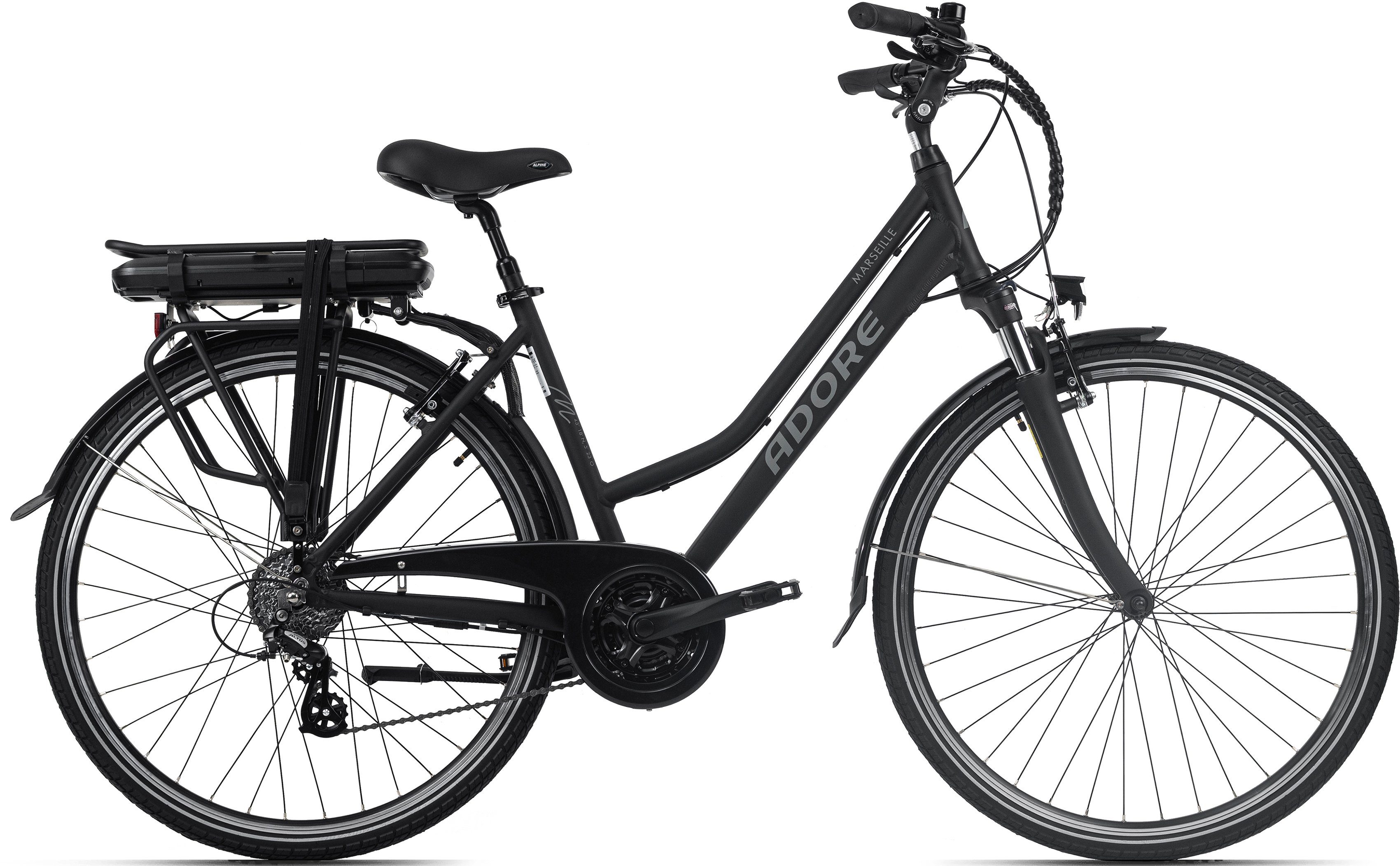 Adore E-Bike Marseille, 24 Gang / Heckmotor, 36V Akku, 13Ah Akku Altus Wh Schaltwerk, 468 / Li-Ion 468Wh Kettenschaltung, Shimano PHYLION