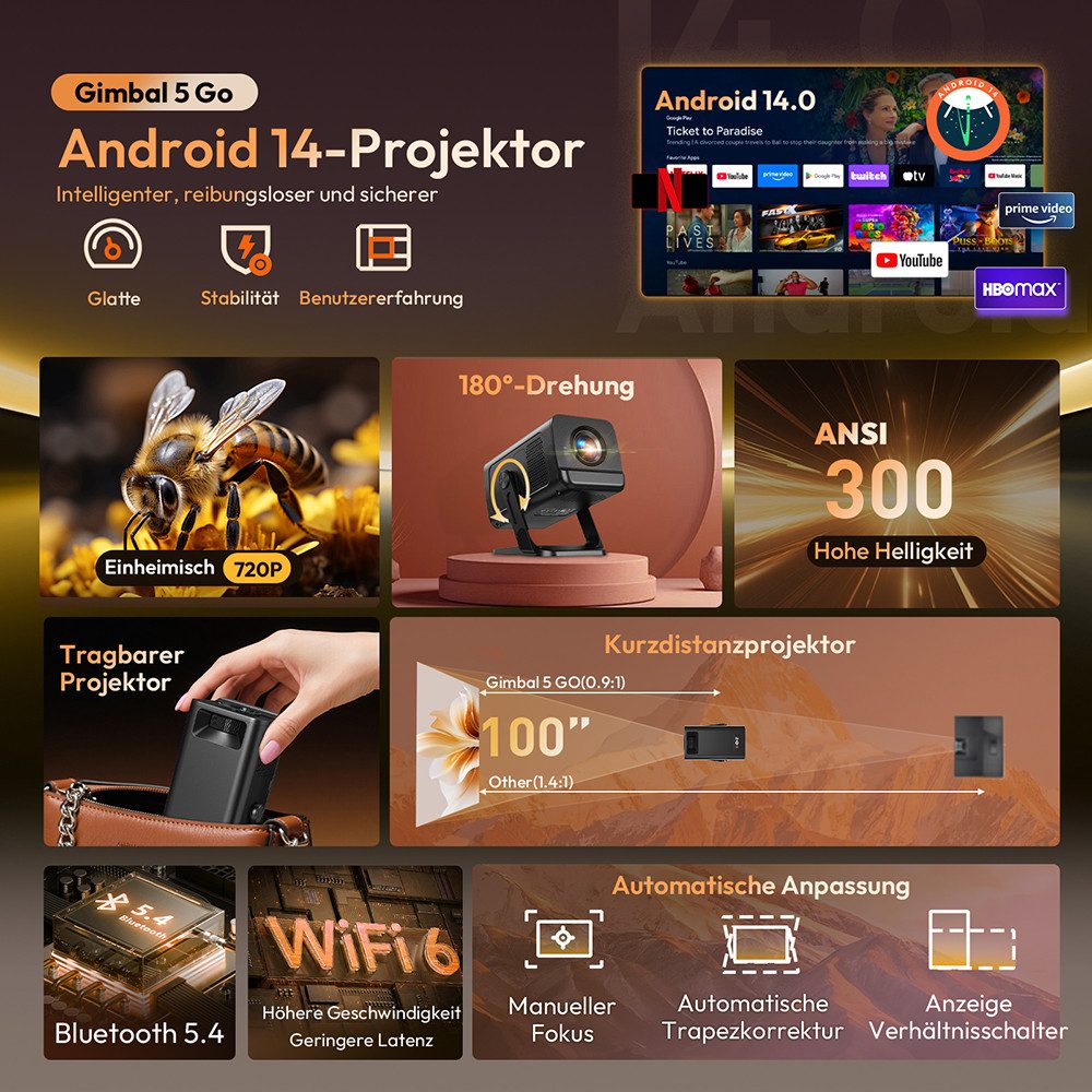 XGODY Android 14 Projektor Ultra HD 8K, Integrierte App,WiFi 6, BT 5.4 Mini-Beamer (12000 lm, 8000:1, 3840 x 2860 px, KI-Auto-Keystone, 180°Dreh, Tragbarer Beamer Heimkino mit TV Stick)