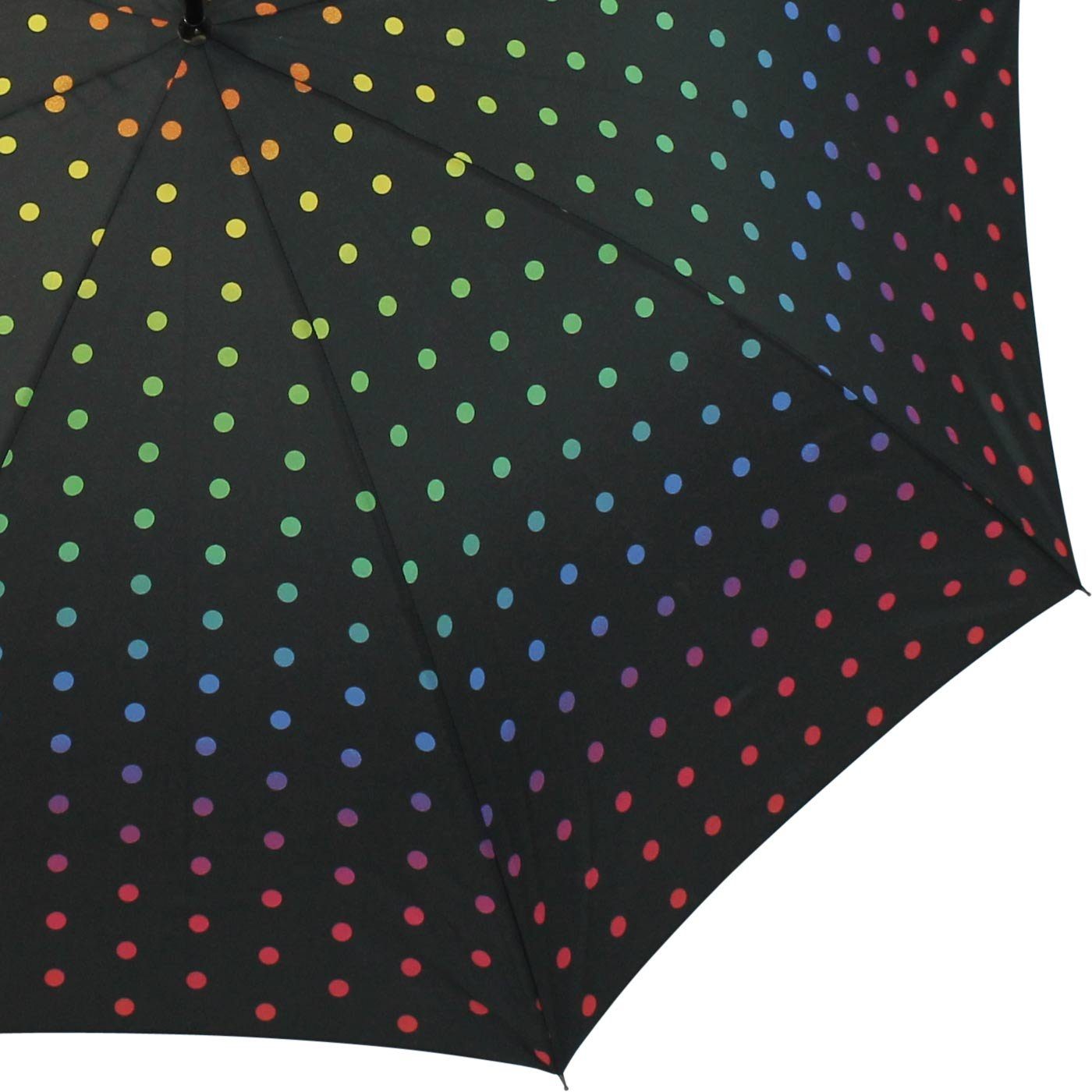 HAPPY RAIN Stockregenschirm großer Regenschirm mit Auf-Automatik für Damen, mit Regenbogen-farbenen Punkten auf Schwarz