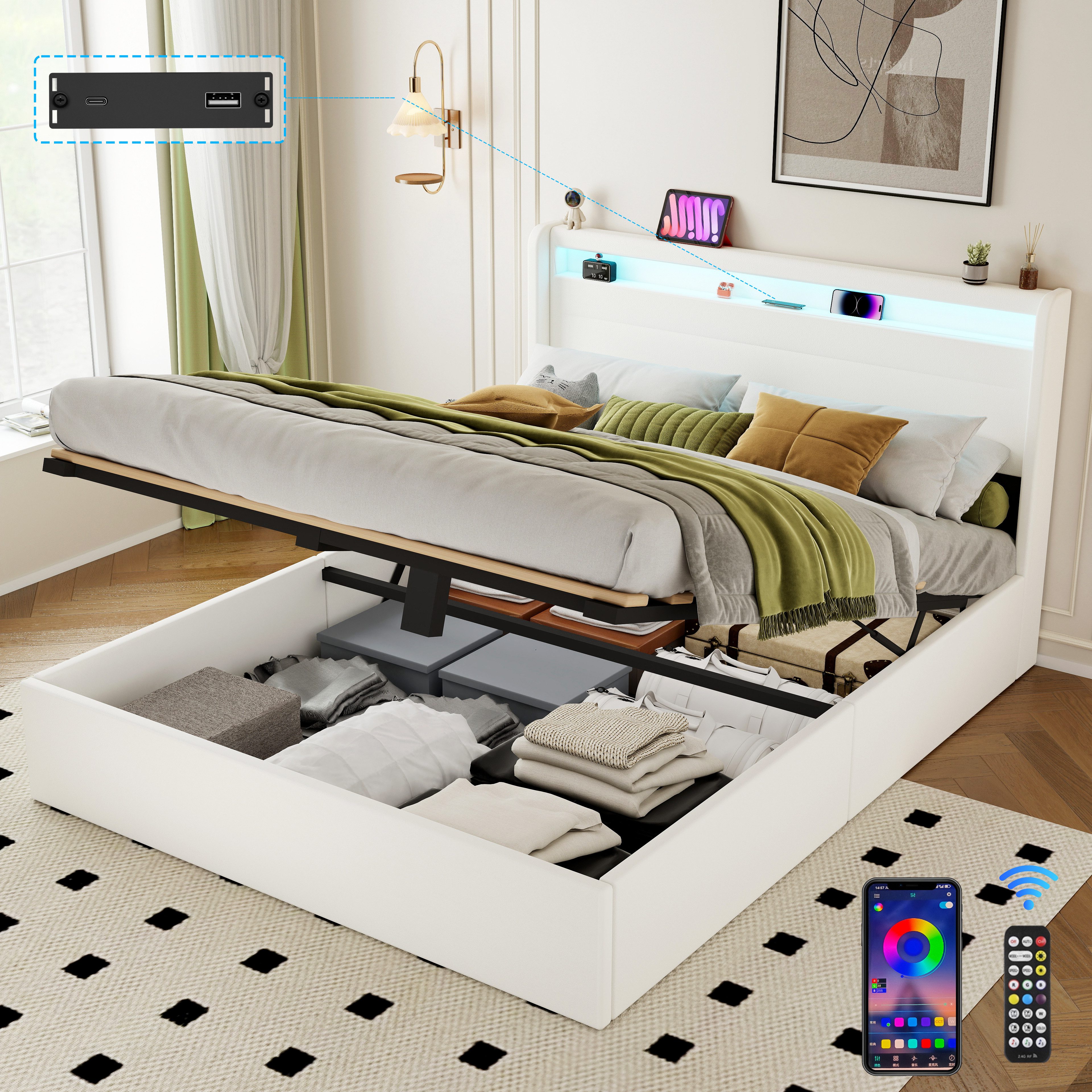 oyajia Polsterbett Stauraumbett Doppelbett LED, PU-Kunstleder (Type-C + USB günstig online kaufen