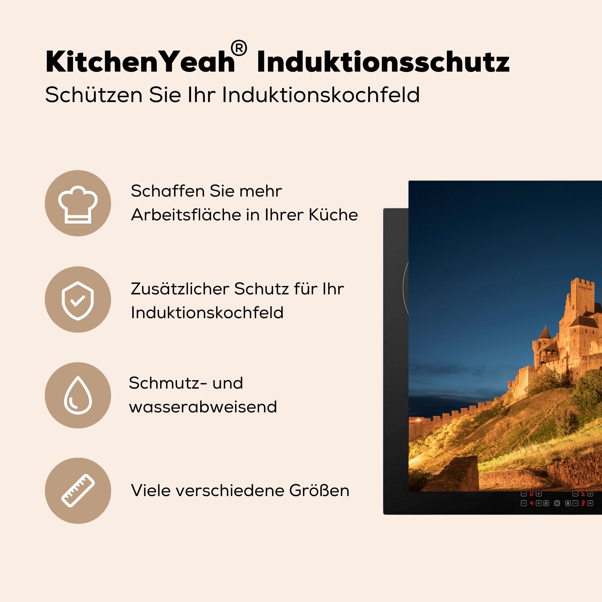 Vinyl, Ceranfeldabdeckung die Schutz (1 für tlg), Induktionskochfeld - Herdblende-/Abdeckplatte Carcassonne - cm, 81x52 Nacht, küche, MuchoWow Schloss