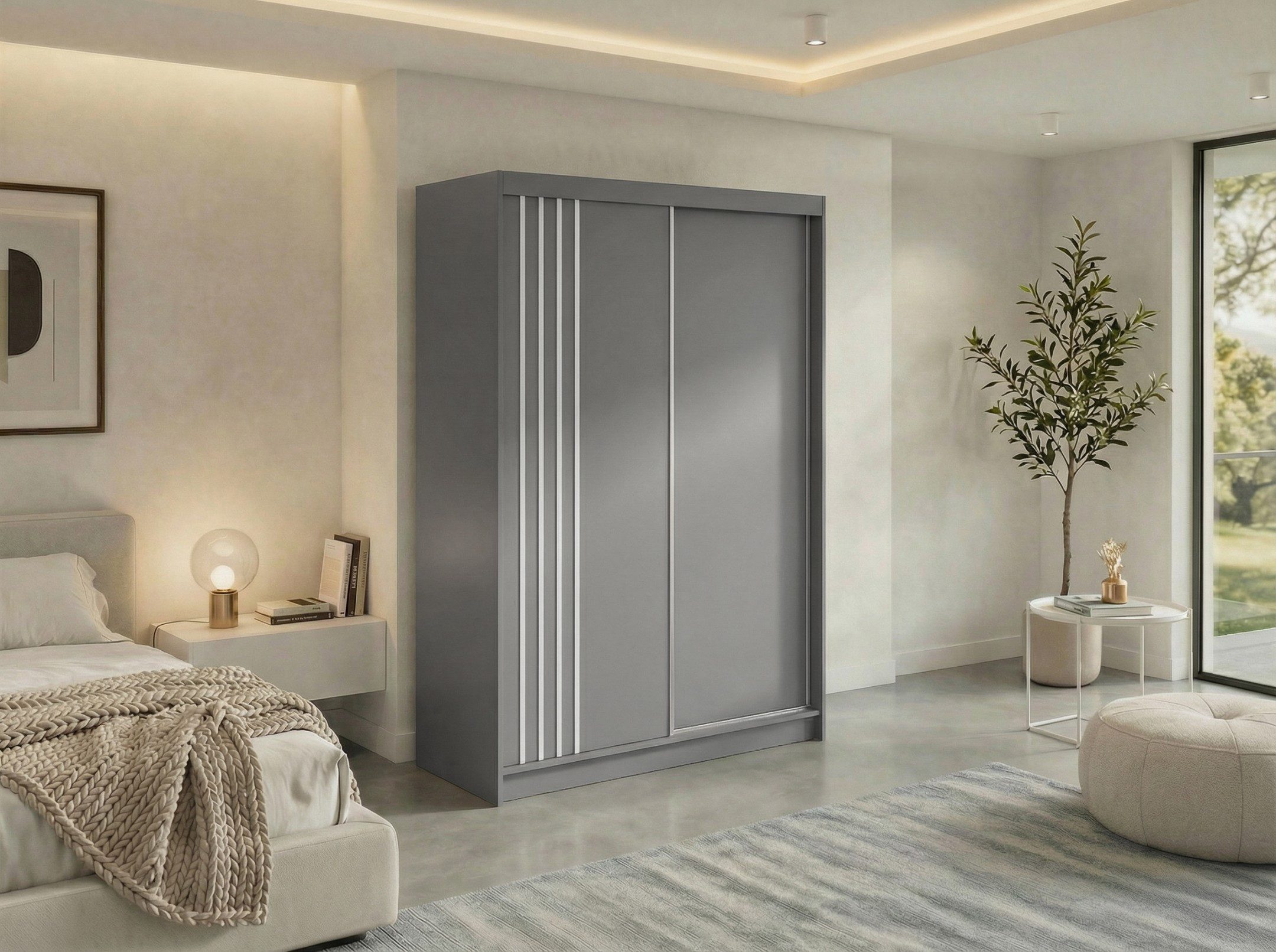 MKS MÖBEL Schiebetürenschrank NAURU 150 (mit Einlegeböden, Garderobenschrank Inkl. Kleiderstange) Schwebetürenschrank 150 cm breite, Kleiderschrank mit Lamellen