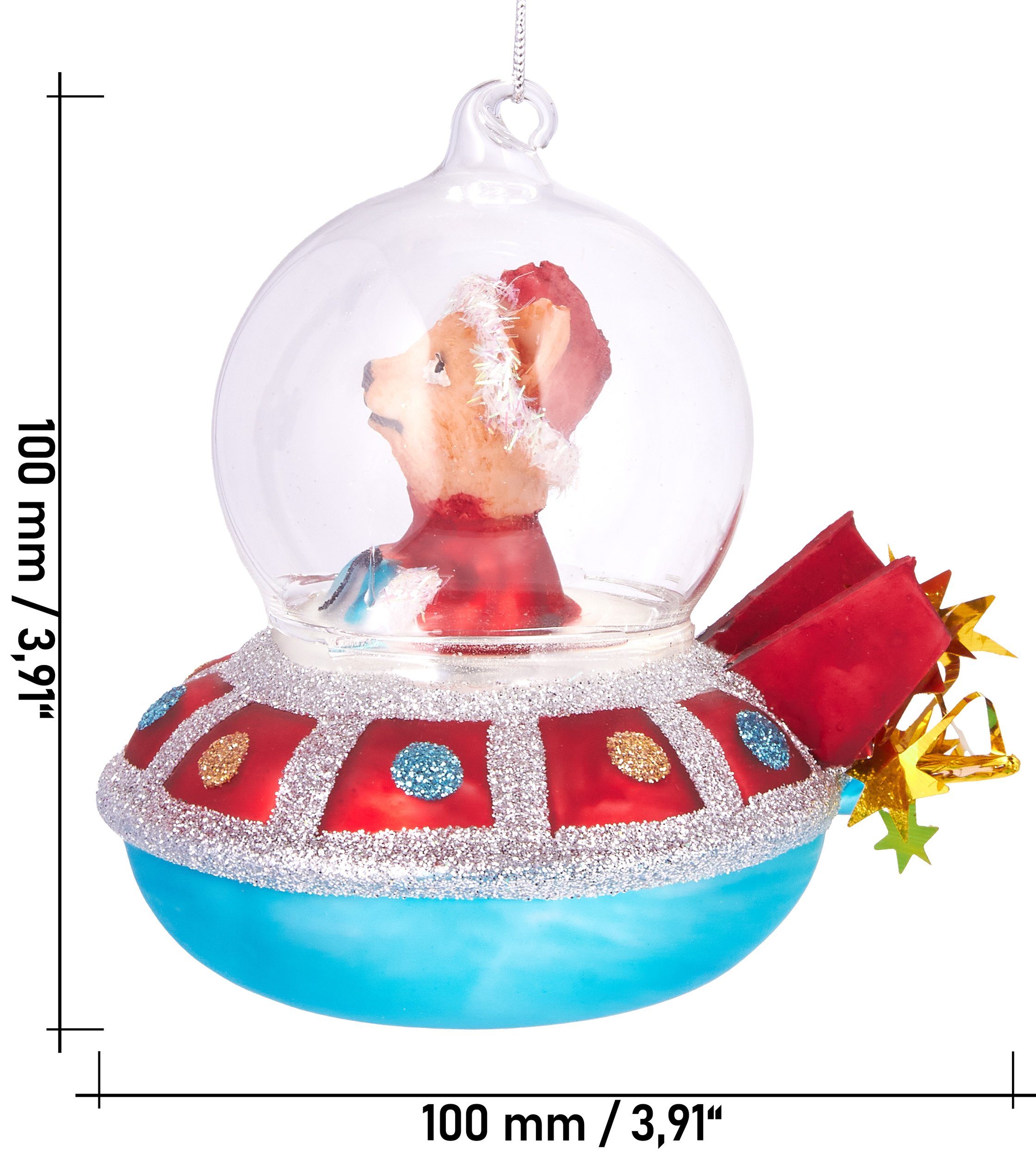 Christbaumschmuck cm Weihnachtsschmuck-Anhänger Baumkugel UFO, - handbemalt futuristischer 10 Weihnachtskugel Lustige Hund roten Glas, BRUBAKER aus im Mundgeblasene