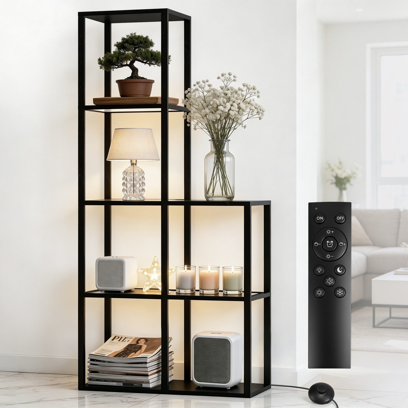 XIIW Eckregal Bücherregal LED Glas Ablagen Regal Holz Stehlampe Eckvitrine Glasregal, 5 Stufige 168x78x30cm Kaltesweiß Warmweiß Dimmbar, für Wohnzimmer, Schlafzimmer, Arbeitszimmer, Büro