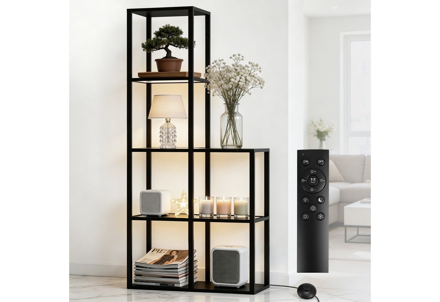 XIIW Eckregal Bücherregal LED Glas Ablagen Regal Holz Stehlampe Eckvitrine Glasregal, 5 Stufige 168x78x30cm Kaltesweiß Warmweiß Dimmbar, für Wohnzimmer, Schlafzimmer, Arbeitszimmer, Büro
