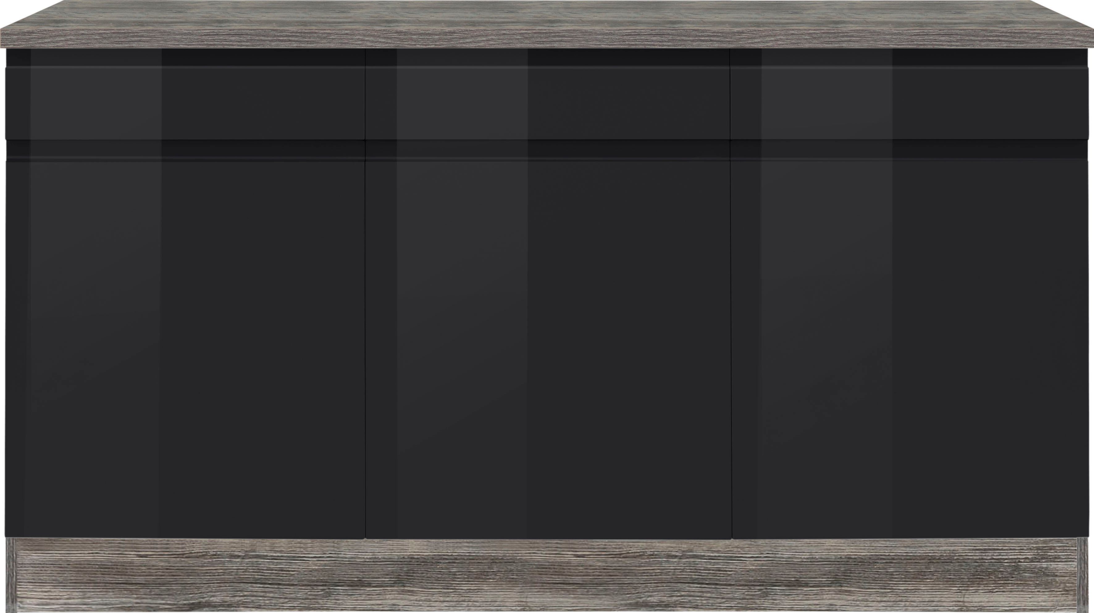 hoch, schwarz eiche 3 150 breit, vintage Virginia griffloses 85 cm Unterschrank Hochglanz Schubladen, 3 cm MÖBEL Design HELD | Türen,