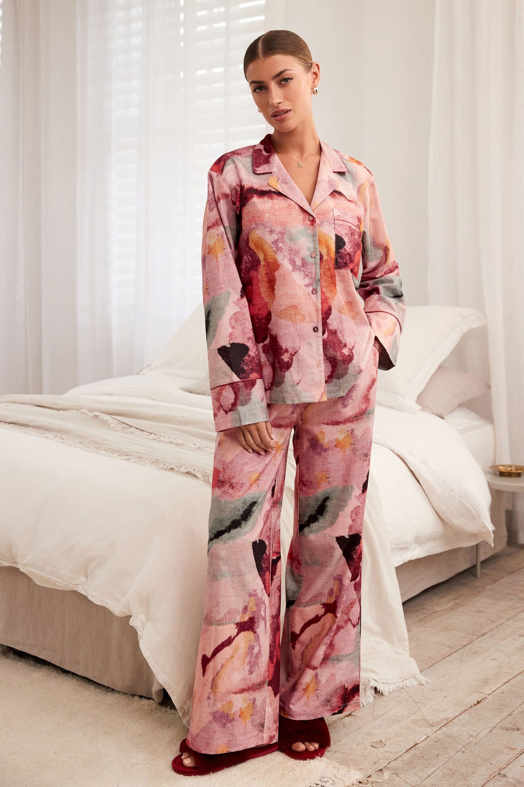 Flanell-Schlafanzug tlg) Tie Pink Next (2 Geknöpfter Dye Pyjama