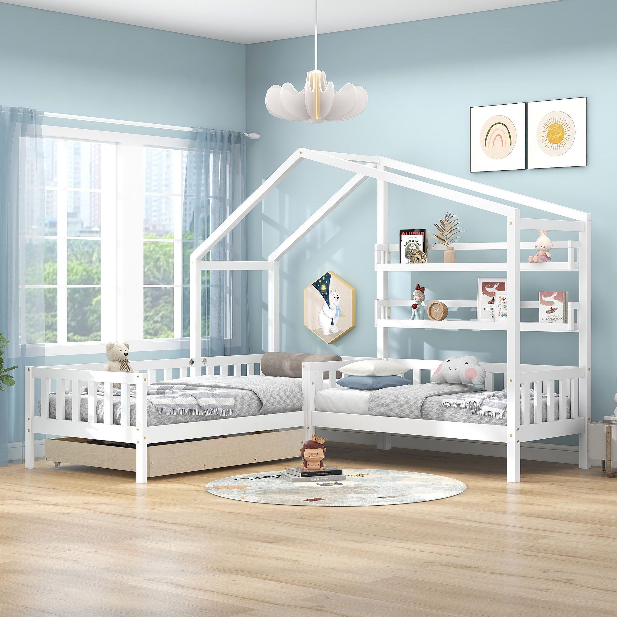 Hausbett Weiß Weiß 90x200cm+70x140cm | L-Struktur, mit Jugendbett Schubladen Kinderbett und Ulife Regale | Weiß Weiß |