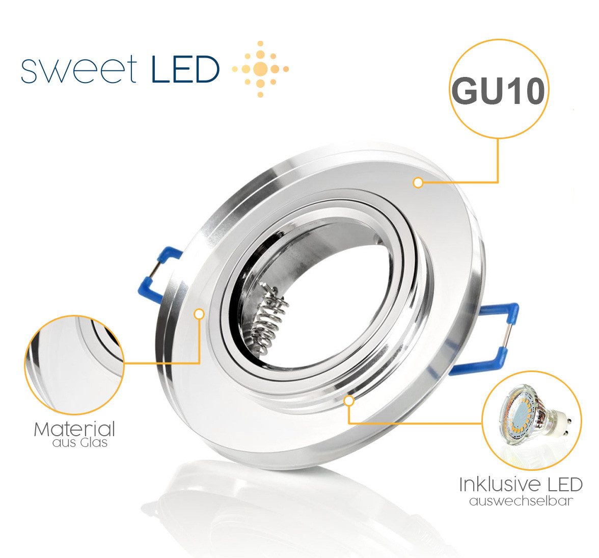 Sweet LED Deckenspot 6er Set Glas GU10 Einbaustrahler mit Klickverschluss klar, ohne Leuchtmitel, Einbauspots, Deckenspots, Einbaustrahler, Deckenlampe