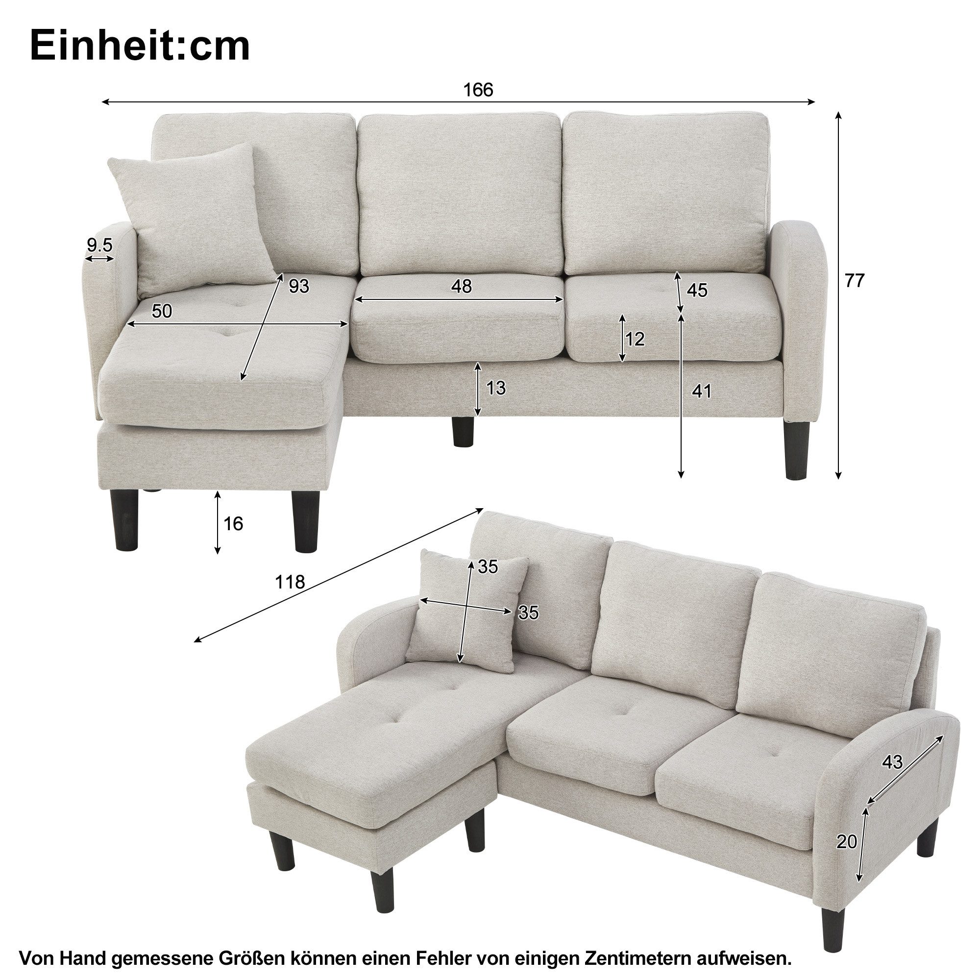 Ulife Ecksofa L-förmiges Ecksofa mit Chaiselongue, 3-Sitzer, 185 x 118 x 82 cm, Baumwoll-Leinenstoff, modulares Design für Wohnzimmer & Büro