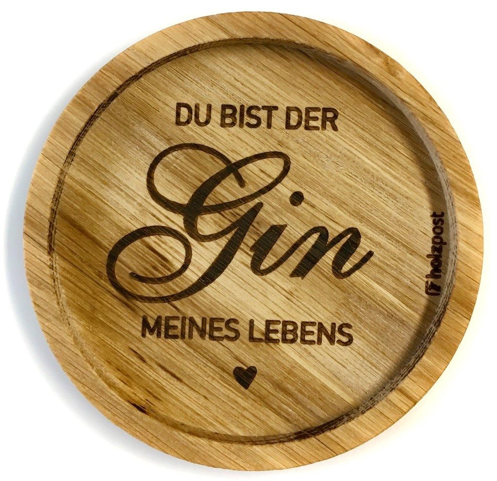 holzpost GmbH Getränkeuntersetzer Gin, 1-tlg., massives Eichenholz, Runde Einkerbung