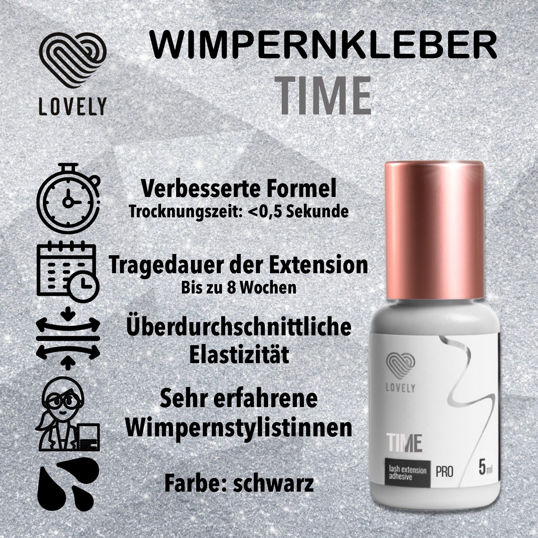 Lovely Einzelwimpern Wimpernkleber Time von Lovely für Wimpernverlängerungen, Für professionelle WImpernverlängerung, Schnelle Trocknungszeit