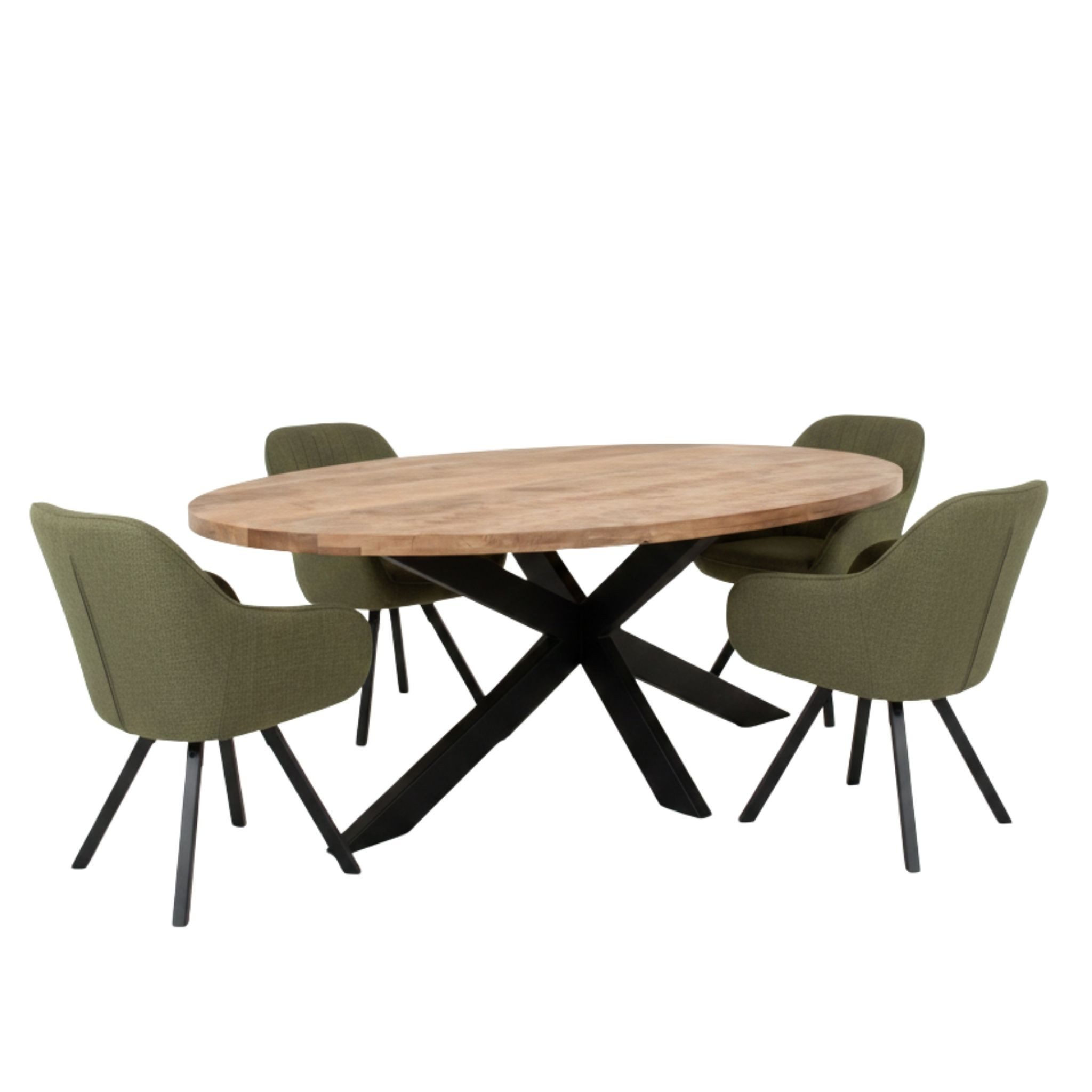 MR.DEKO Esszimmer-Set Mangoholz Tisch Avola & Stühle Matera grün oval, (Küchenmöbel für 4-6 Personen, 5-St), Esstisch Holz mit Diningsesseln 360° drehbar
