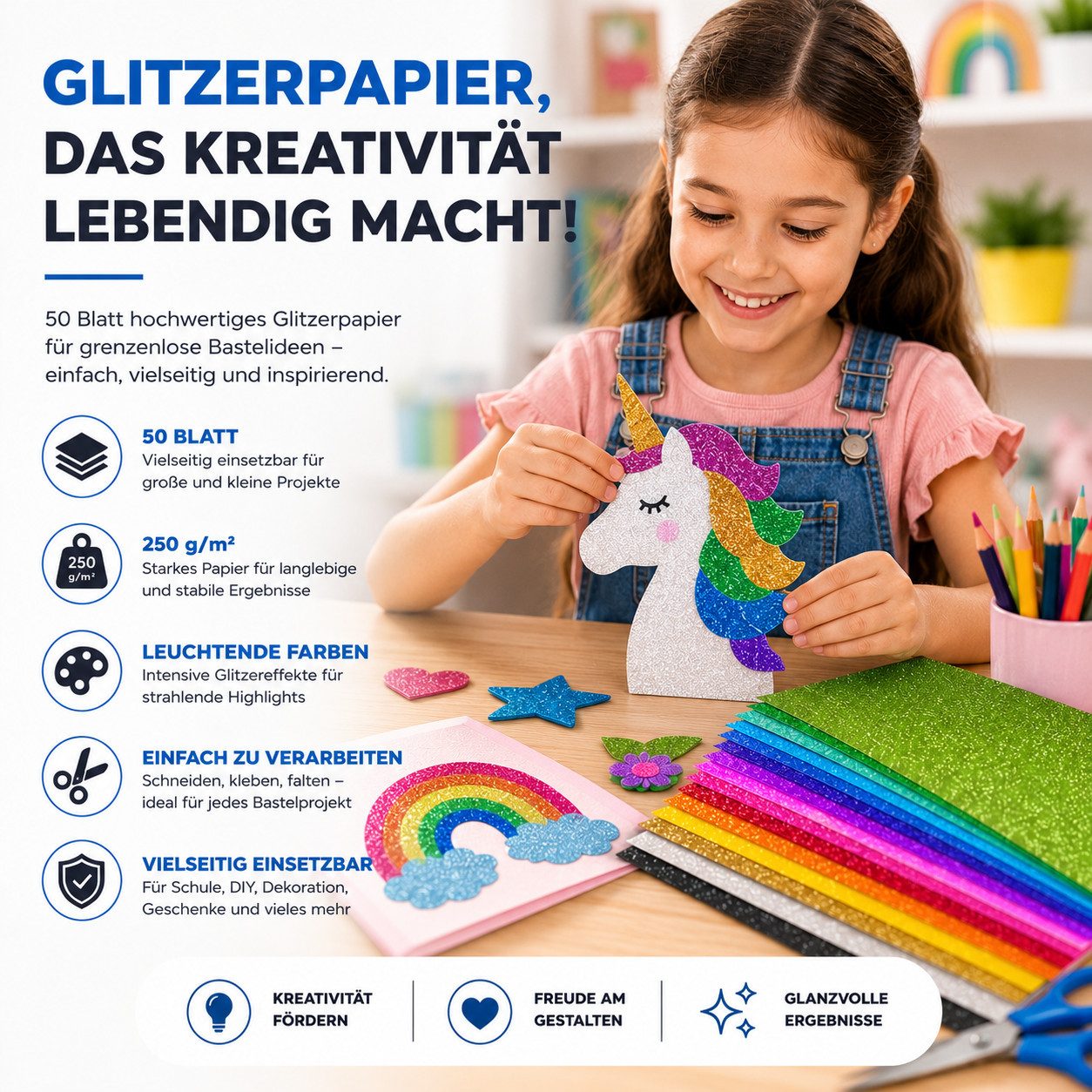 Organizabel Bastelkartonpapier 50 Blatt buntes Glitzerpapier DIN A4, 250 g/m², zum Basteln, Glitzerstruktur – Bild 2 von 5