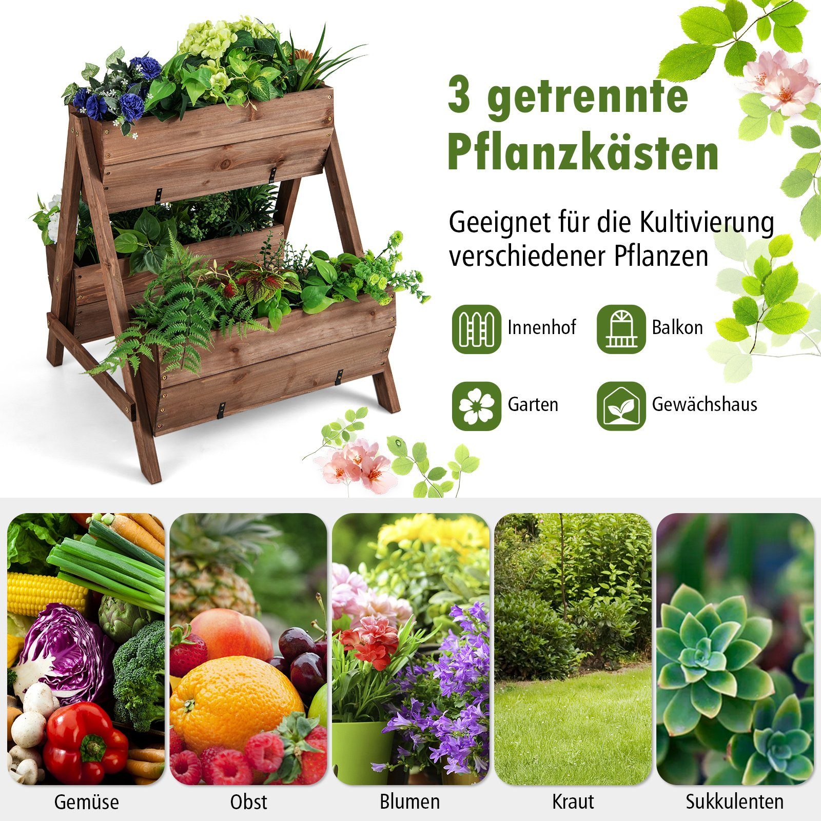 COSTWAY Hochbeet (1 St), 2 Etagen, mit 3 Pflanzkästen, 66x73x73 cm