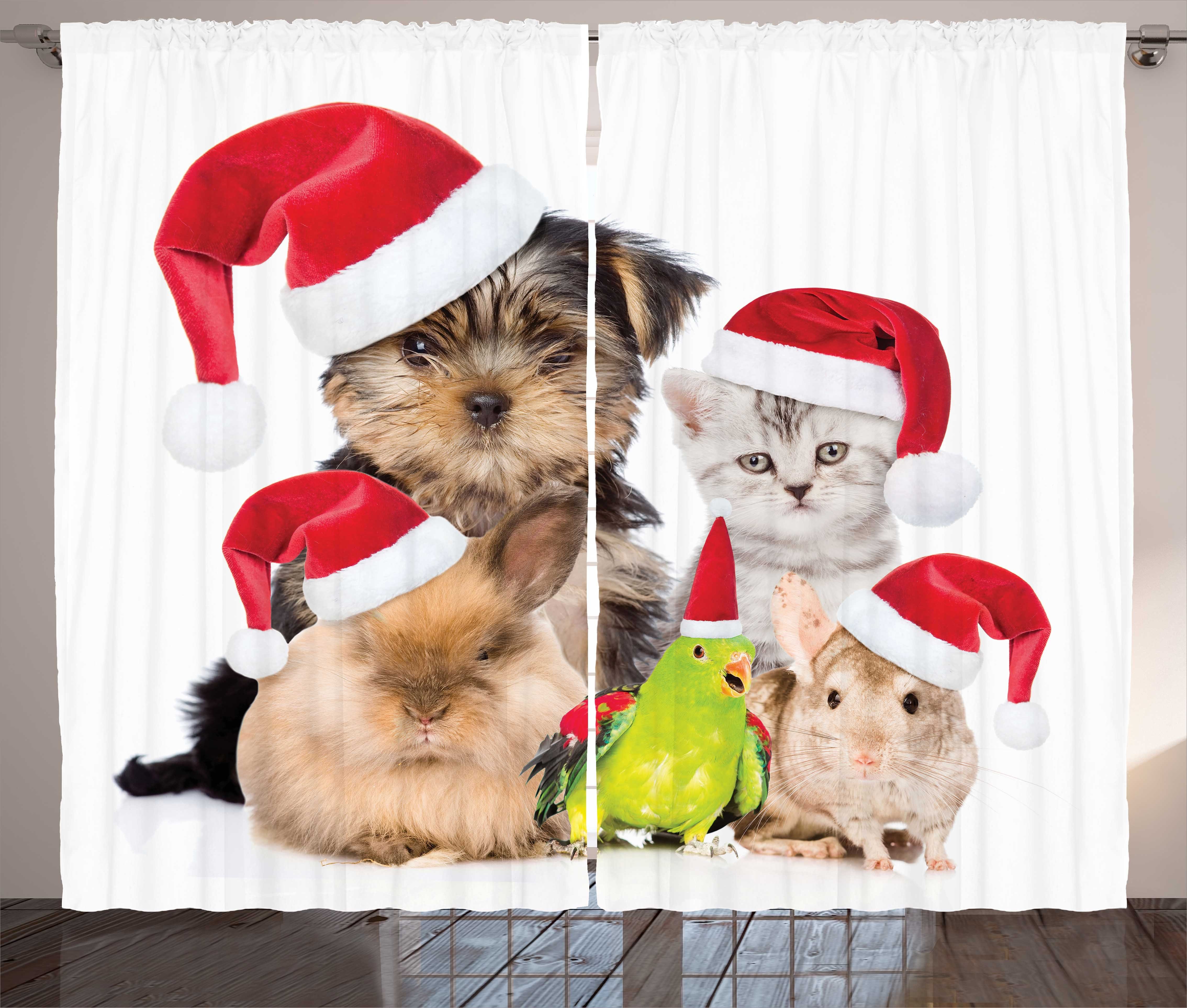 Gardine Schlafzimmer Kräuselband Vorhang mit Schlaufen und Haken, Abakuhaus, Tiere Weihnachtsthema Haustiere