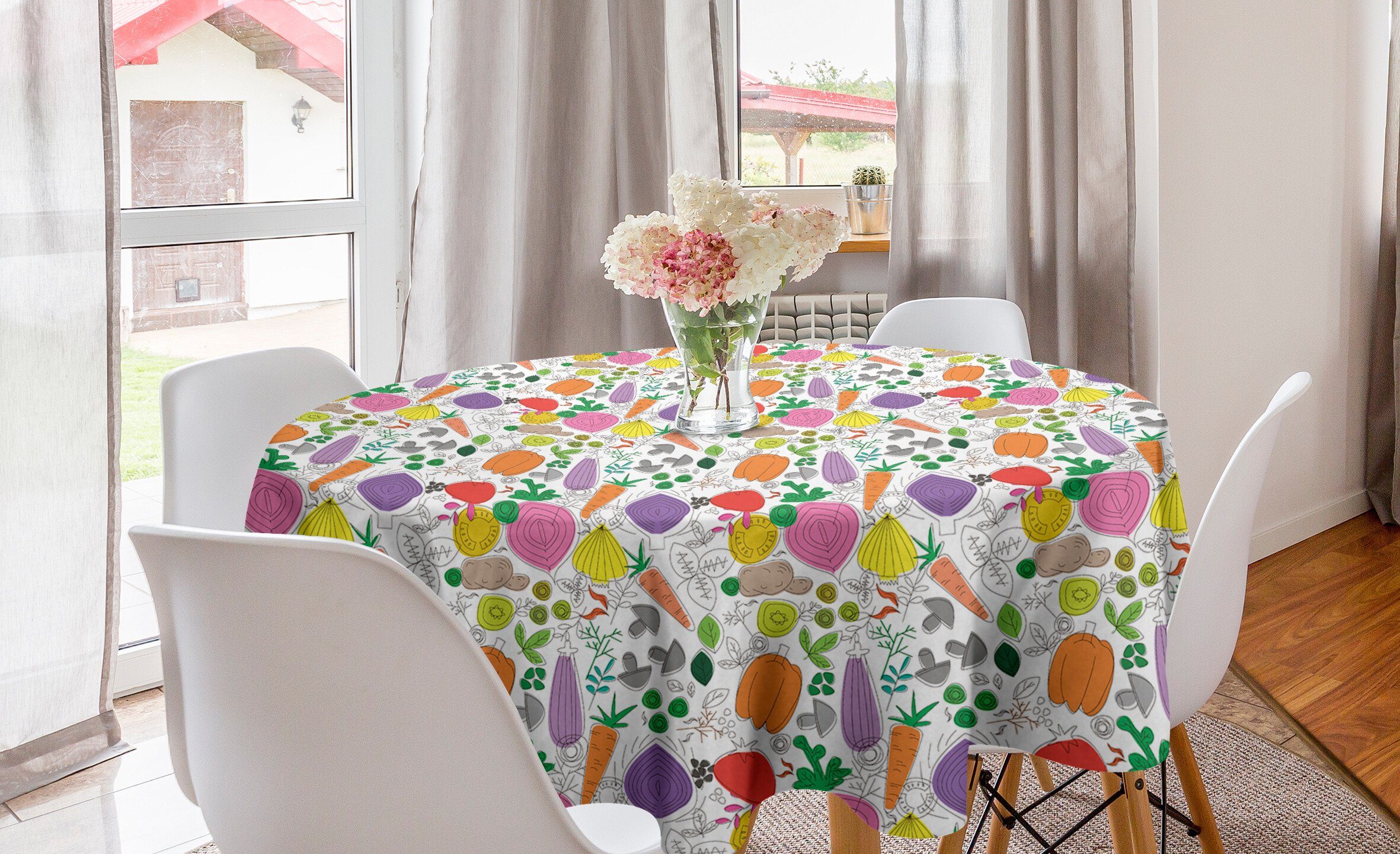 Abakuhaus Tischdecke Kreis Tischdecke Abdeckung für Esszimmer Küche Dekoration, Gemüse Childish Drawing Lebensmittel