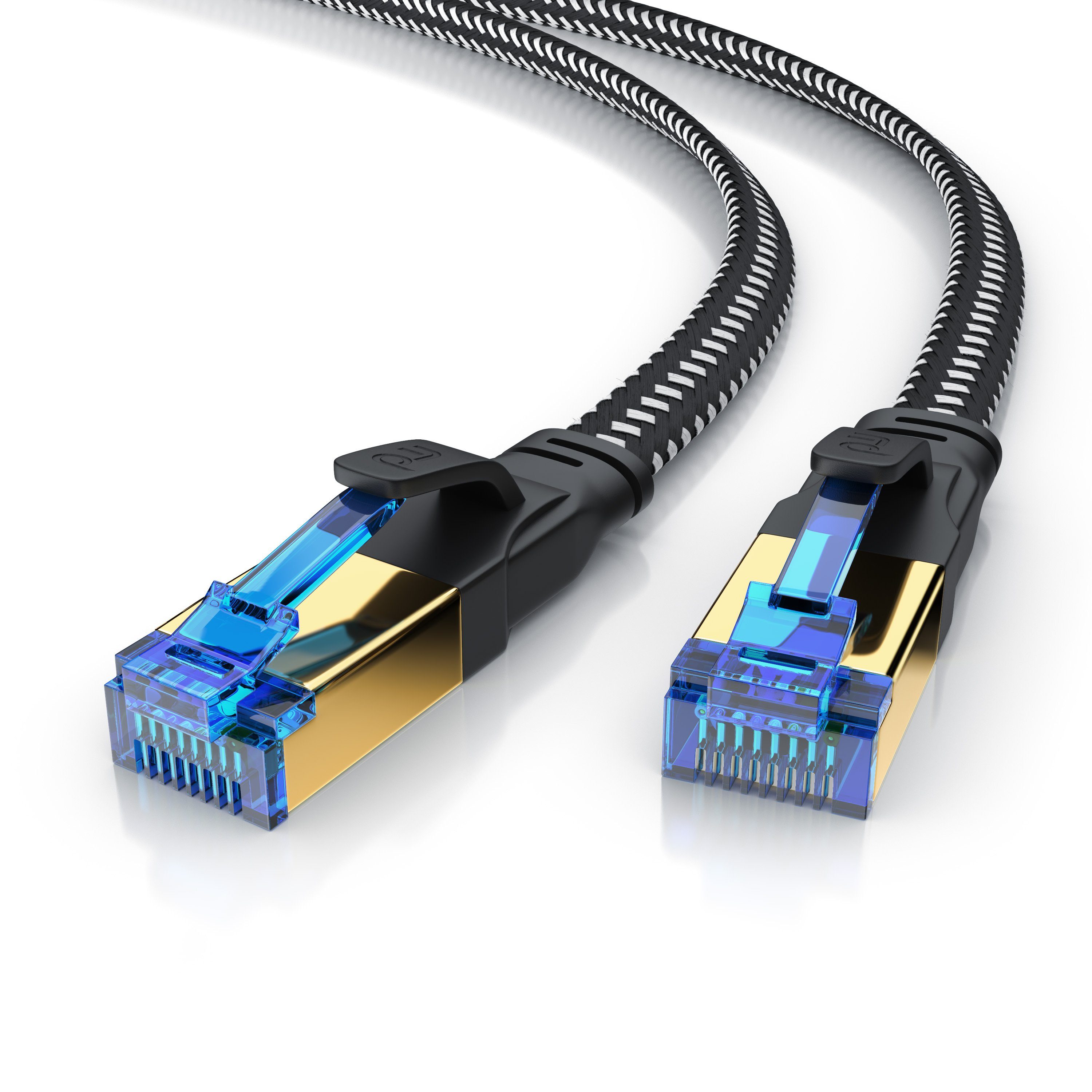 Primewire Patchkabel flach CAT 8, Baumwollmantel, Flachband Netzwerkkabel - 2m LAN-Kabel, CAT.8, RJ-45 (Ethernet) (200 cm), für Router, Modem, Switch, PC, ideal für Gaming, Streaming, Homeoffice