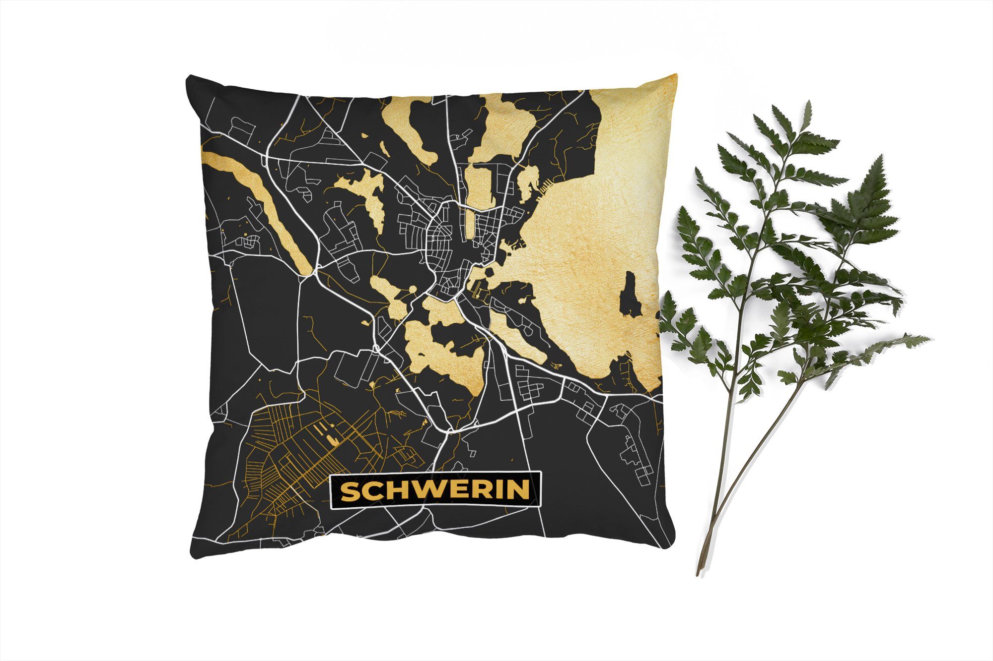 MuchoWow Dekokissen Schwerin - Gold - Stadtplan - Karte - Deutschland, Zierkissen mit Füllung für Wohzimmer, Schlafzimmer, Deko, Sofakissen