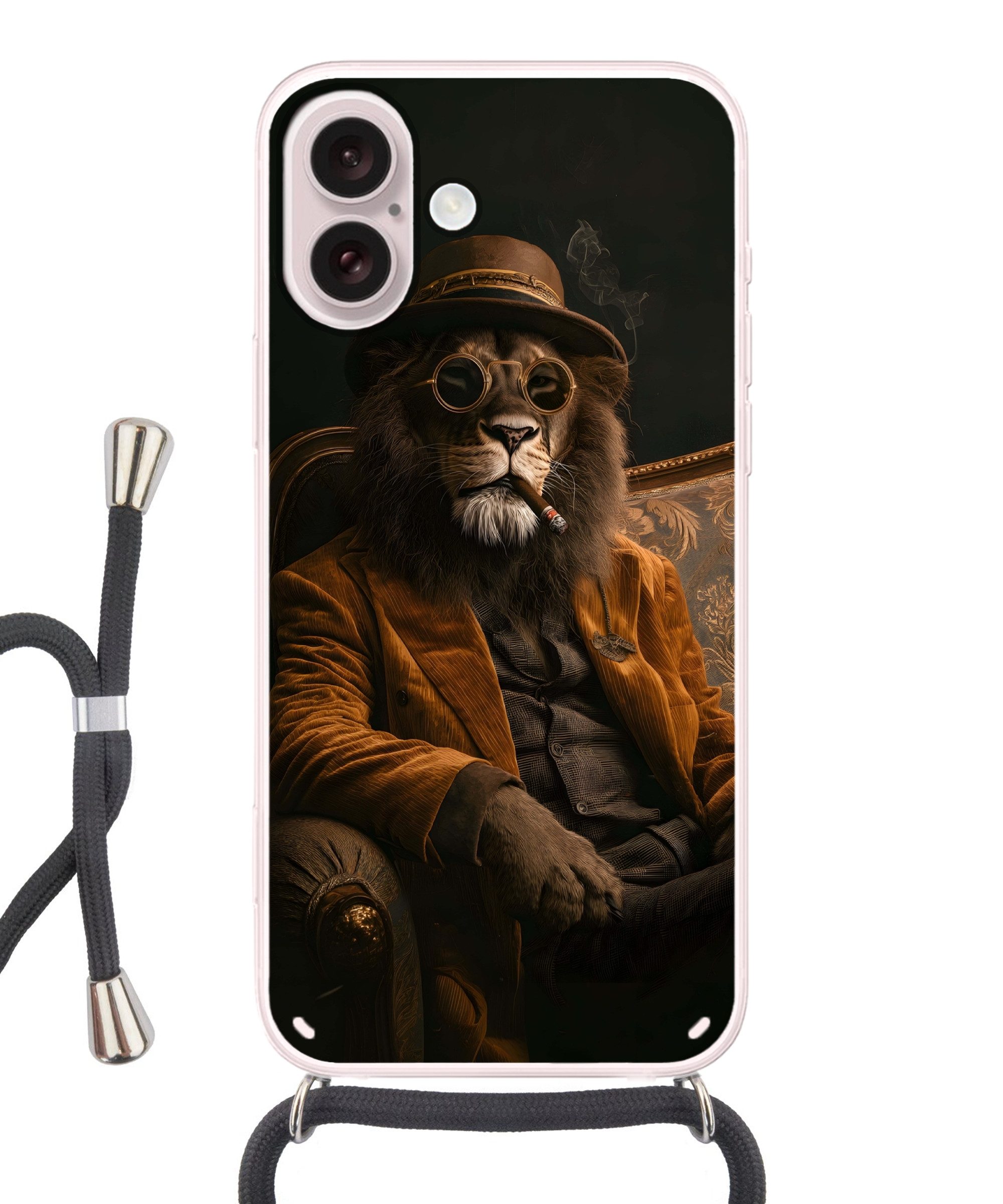 MuchoWow Handyhülle für Apple iPhone 16 Brille - Löwe - Bank - Hut, Tragbare Handyhüllen mit Kette zum umhängen, Handykette Handyband