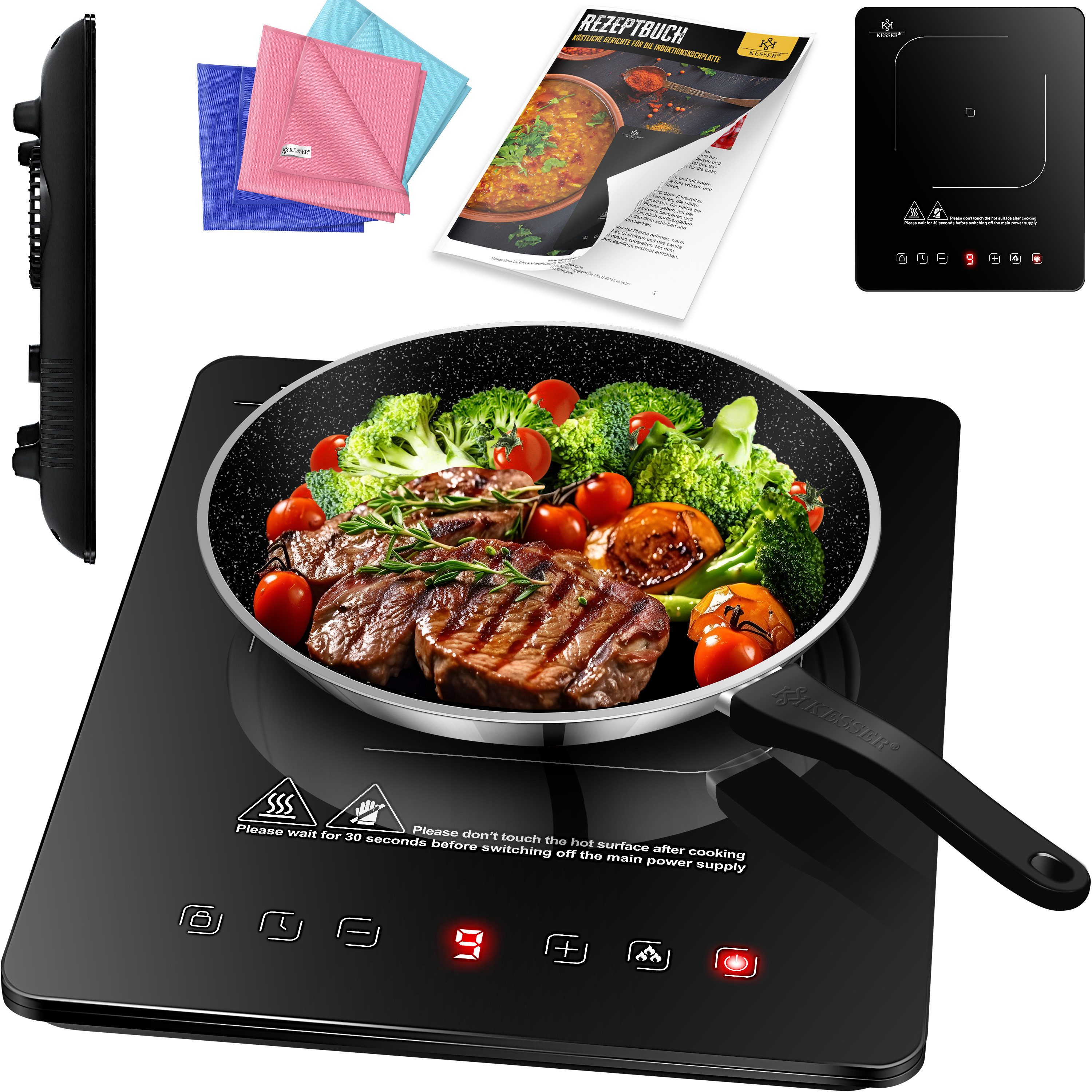 KESSER Einzelkochplatte Induktionskochplatte mit 9 Heizstufen 3x Mikrofasertücher & Rezeptbuch, tragbare Kochplatte 28cm mit Timer, Touch-Steuerung, Booster 220-240V