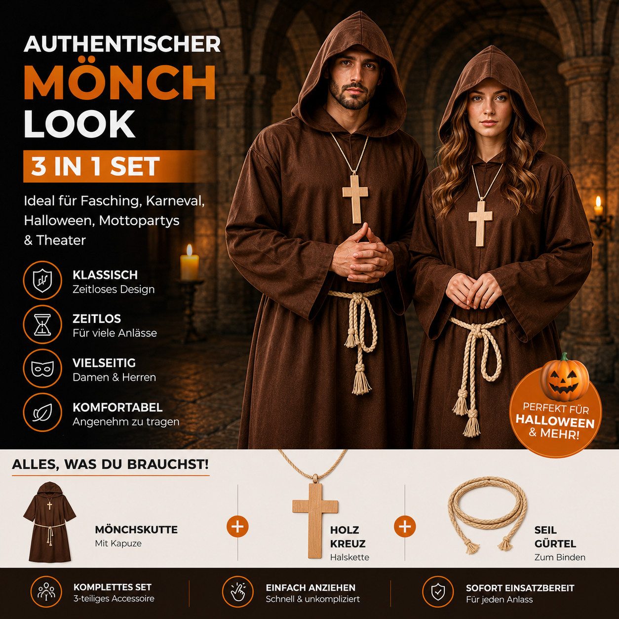 TK Gruppe Mönch-Kostüm Priester – Mönchskutte mit Kreuz für Fasching & Karneval
