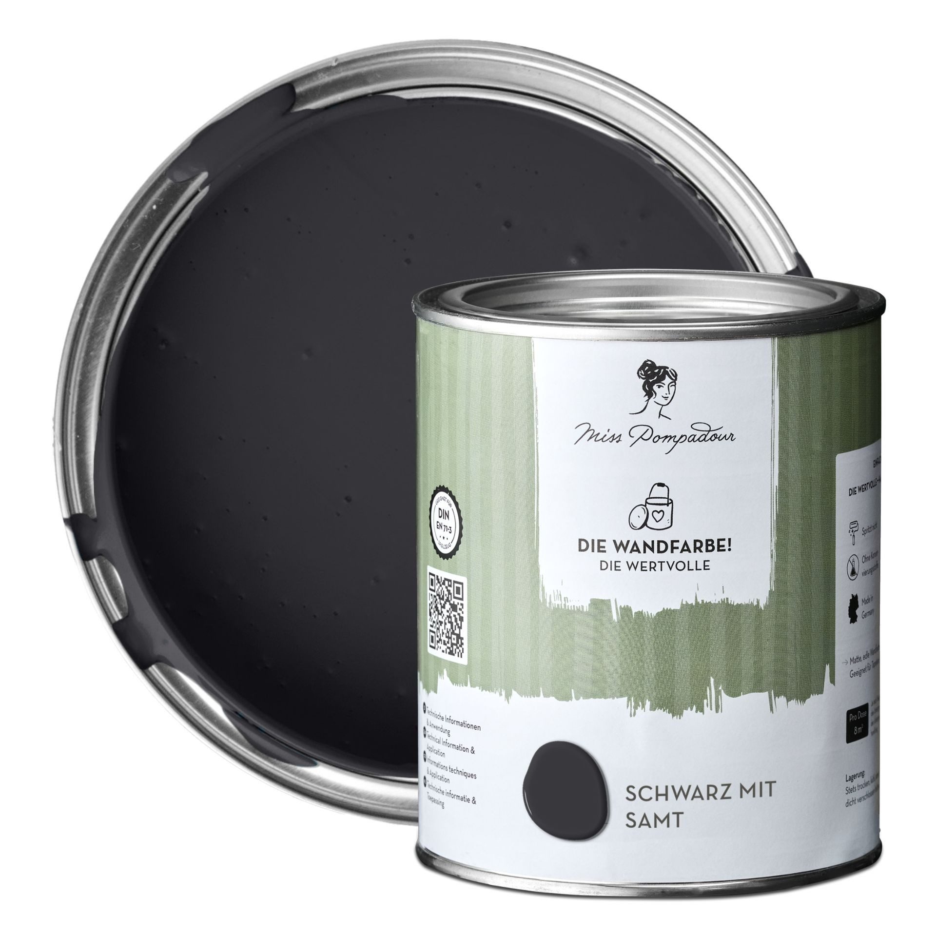 MissPompadour Wandfarbe Schwarz mit Samt - matte Wandfarbe mit sehr hoher Deckkraft 1 L, geruchsneutrale und spritzfreie Innenfarbe, wasserbasiert