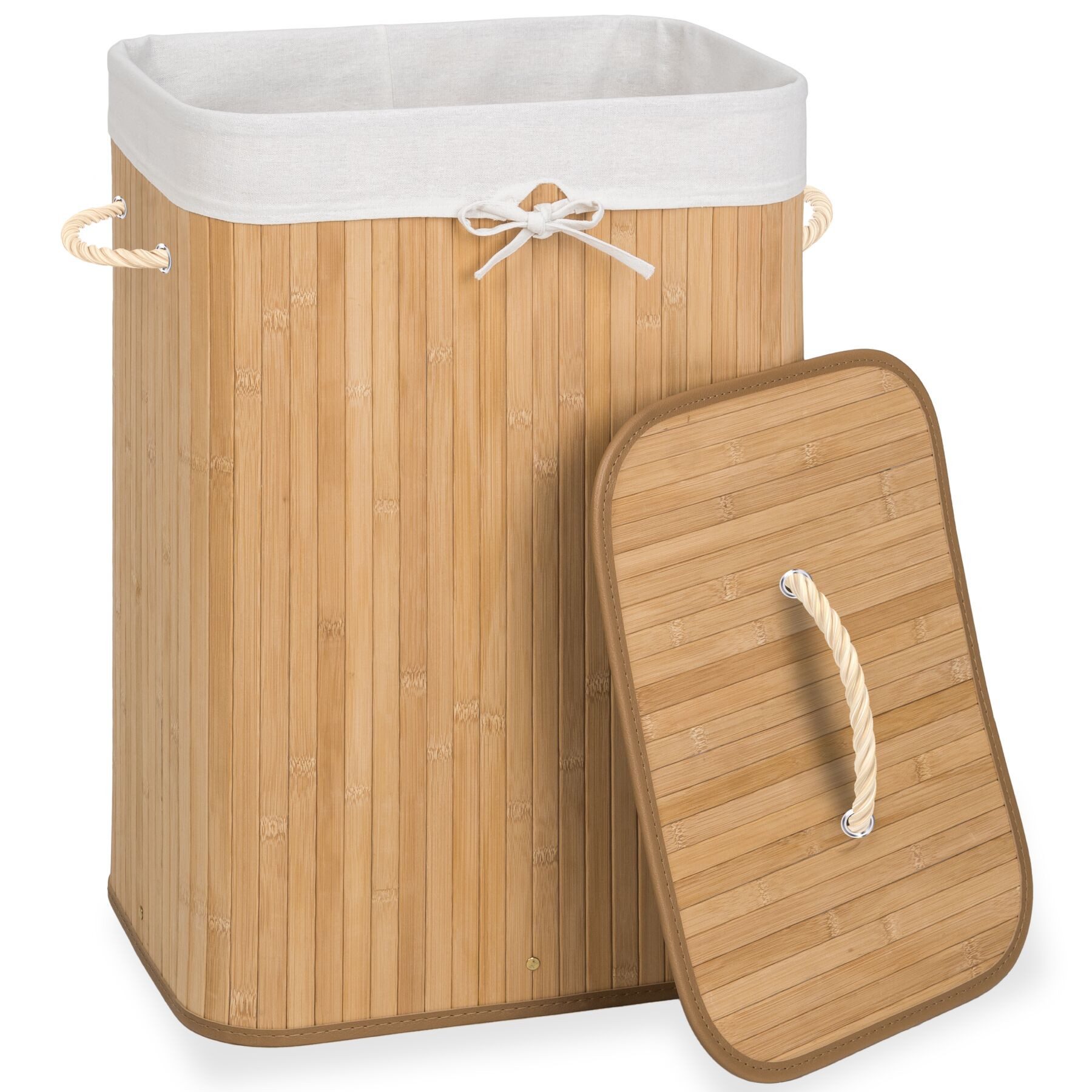 tectake Wäschekorb Wäschebehälter aus Bambus, mit Deckel, 42 x 31,5 x 60 cm (Wäschesammler, in beige), herausnehmbarer Wäschesack, 2 Tragegriffe, 72 l