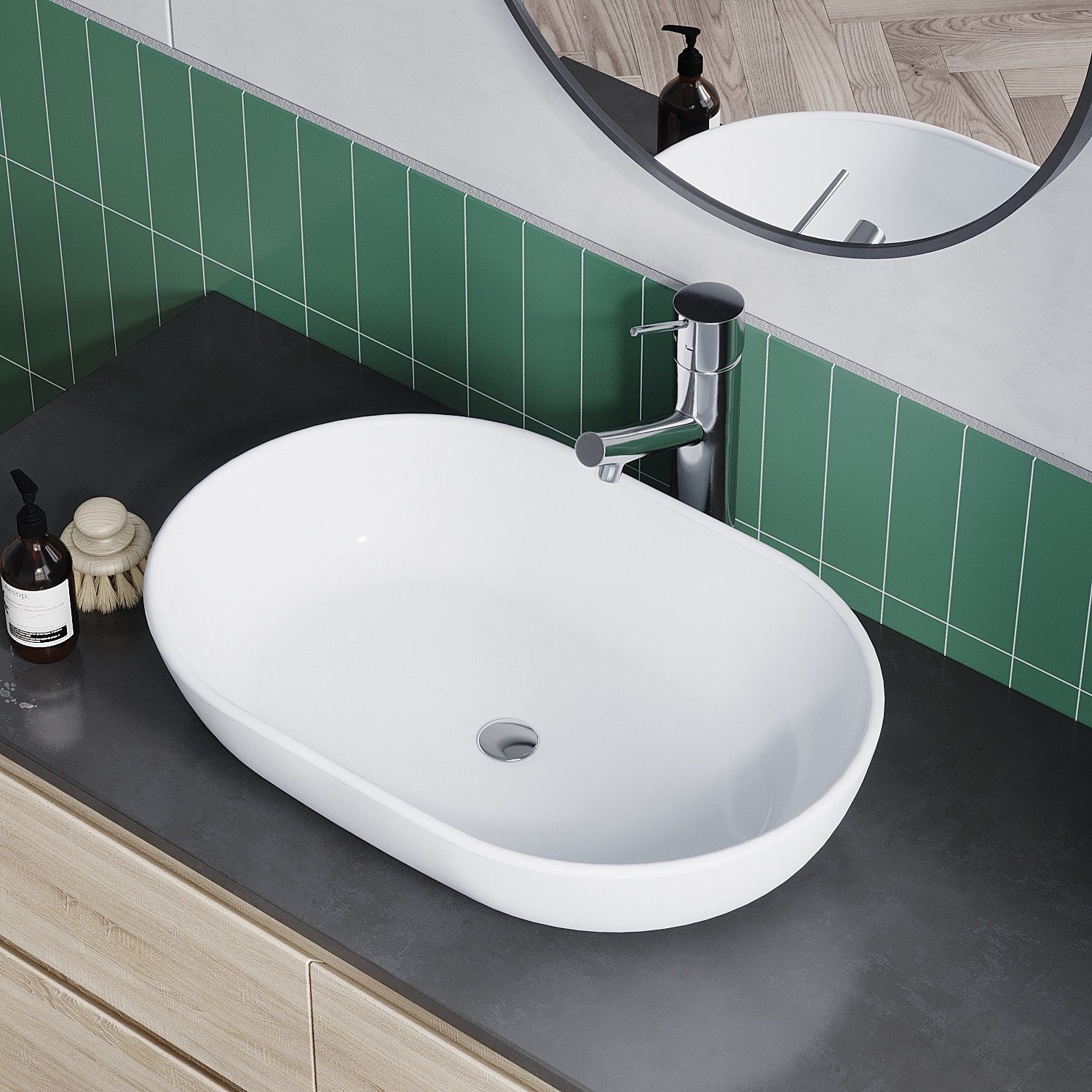 AQUALAVOS Waschbecken Aufsatzwaschbecken 60x42m Oval ohne Hahnloch & Überlauf für Bad/WC, Montage auf stabilen Platten, Waschtischen oder Unterschränken