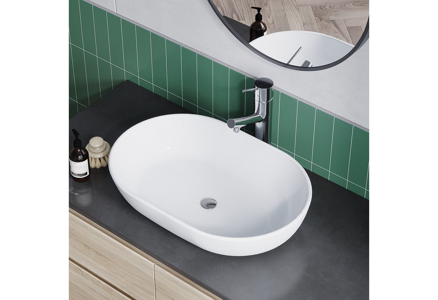 AQUALAVOS Waschbecken Aufsatzwaschbecken 60x42m Oval ohne Hahnloch & Überlauf für Bad/WC, Montage auf stabilen Platten, Waschtischen oder Unterschränken