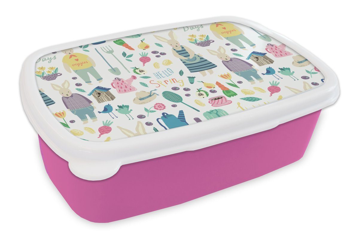 MuchoWow Lunchbox Muster - Kaninchen - Frühling - Garten, Kunststoff, (2-tlg), Brotbox für Erwachsene, Brotdose Kinder, Snackbox, Mädchen, Kunststoff rosa