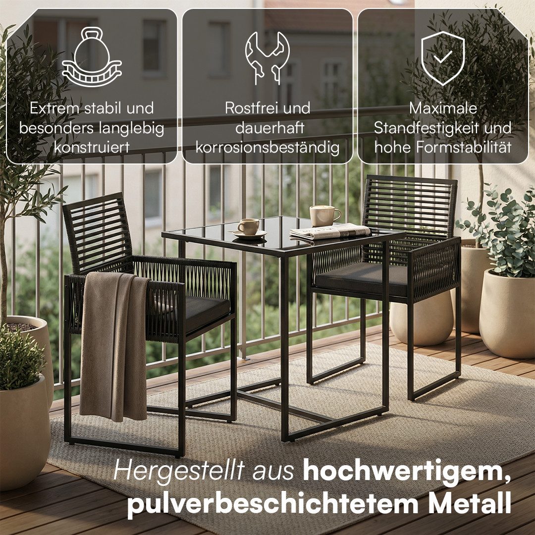 STEELSØN Gartenlounge-Set Kynaris 3-teilig mit 2 Stühlen und Tisch, (schwarz/anthrazit, platzsparend klappbar), Polyrattan Sitzgruppe, Tisch mit Glasplatte, mit Sitzpolstern