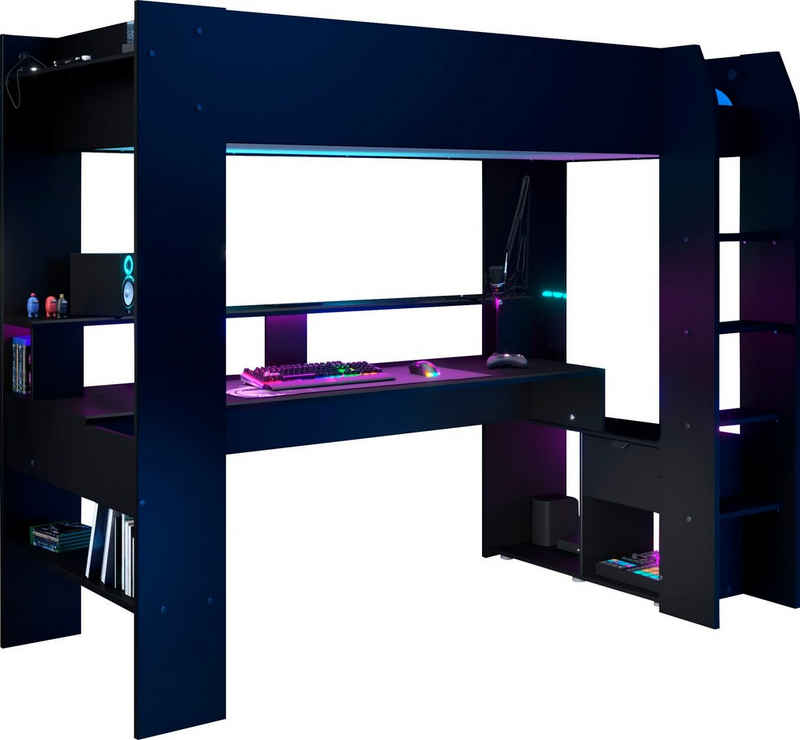Parisot Hochbett Jugendzimmer-Set, Hochbett Gaming, Jugendbett mit Gamingtisch, LED-Beleuchtung