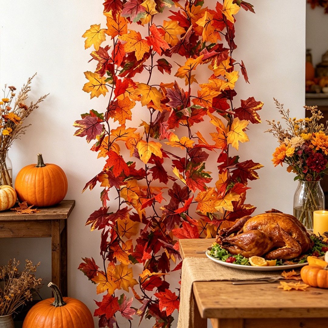 Kunstranke Herbst Girlande Ahornblätter, Ahornblatt Kürbis Herbstkranz, Sorvyzxn, Halloween Girlande Dekorationen für Tisch Kamin Fenster Außenbereich – Bild 3 von 5