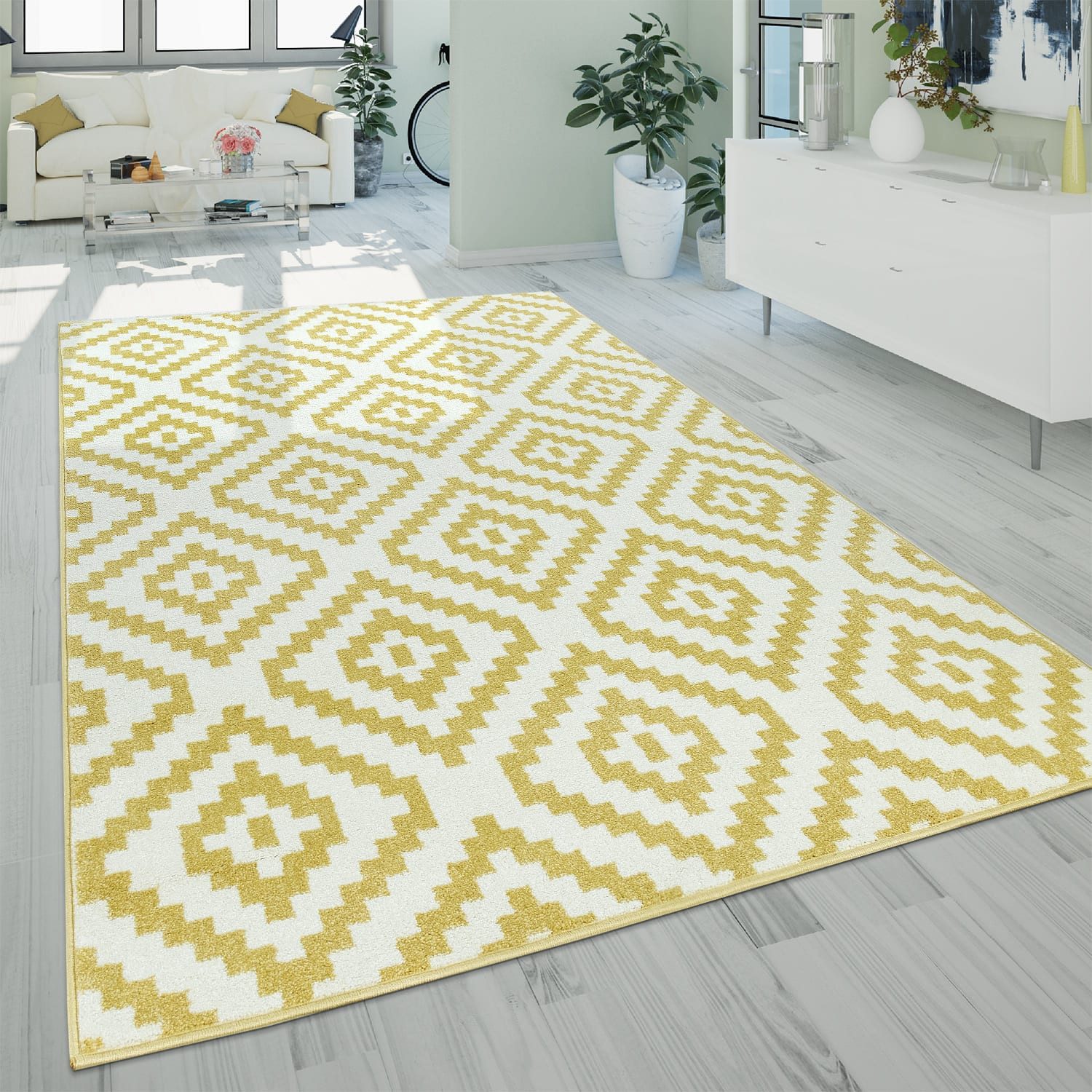 KADIMA DESIGN Teppich Rautenmuster Wohnzimmer schmutzabweisend Teppich Kurzflor, Rechteckig, Höhe: 16 mm, Florhöhe: 12 mm, 100% Polypropylen, Rechteckig, 200x280cm, Gelb