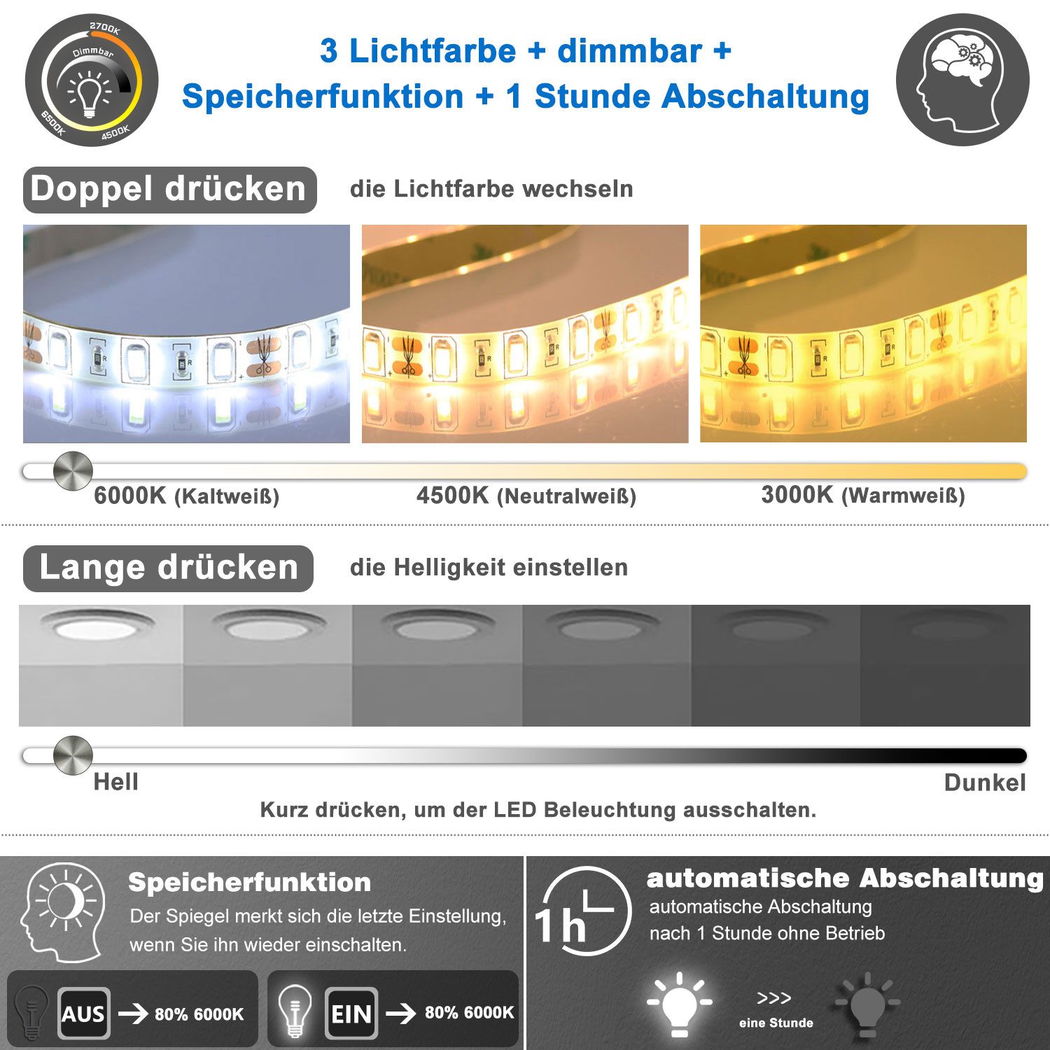 Duschparadies GmbH Badspiegel LED‑Badezimmerspiegel, asymmetrischer Wandspiegel mit 3 Lichtfarben – Bild 3 von 5
