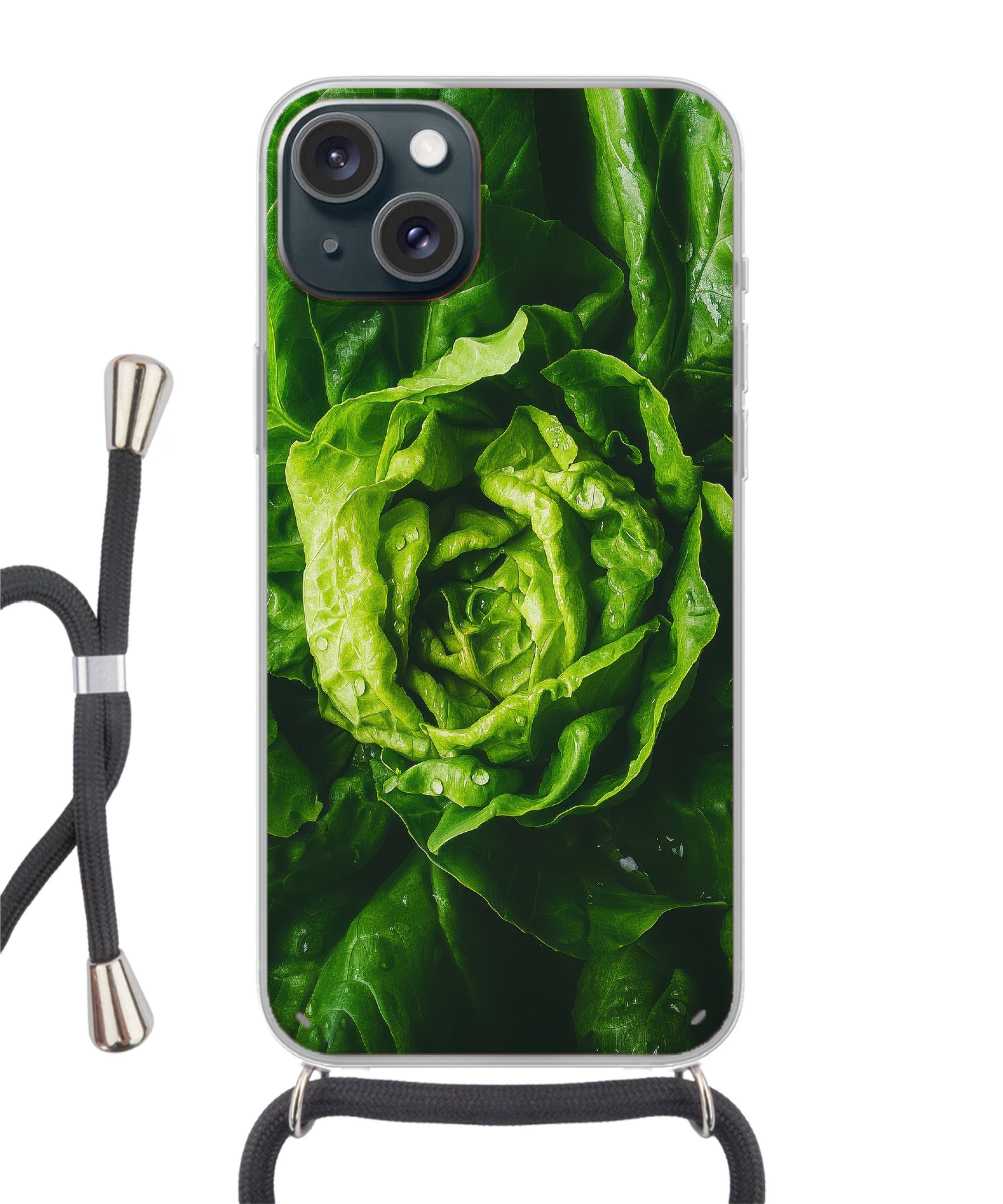 MuchoWow Handyhülle für Apple iPhone 15 Gemüse - Kopfsalat - Grün, Tragbare Handyhüllen mit Kette zum umhängen, Handykette Handyband