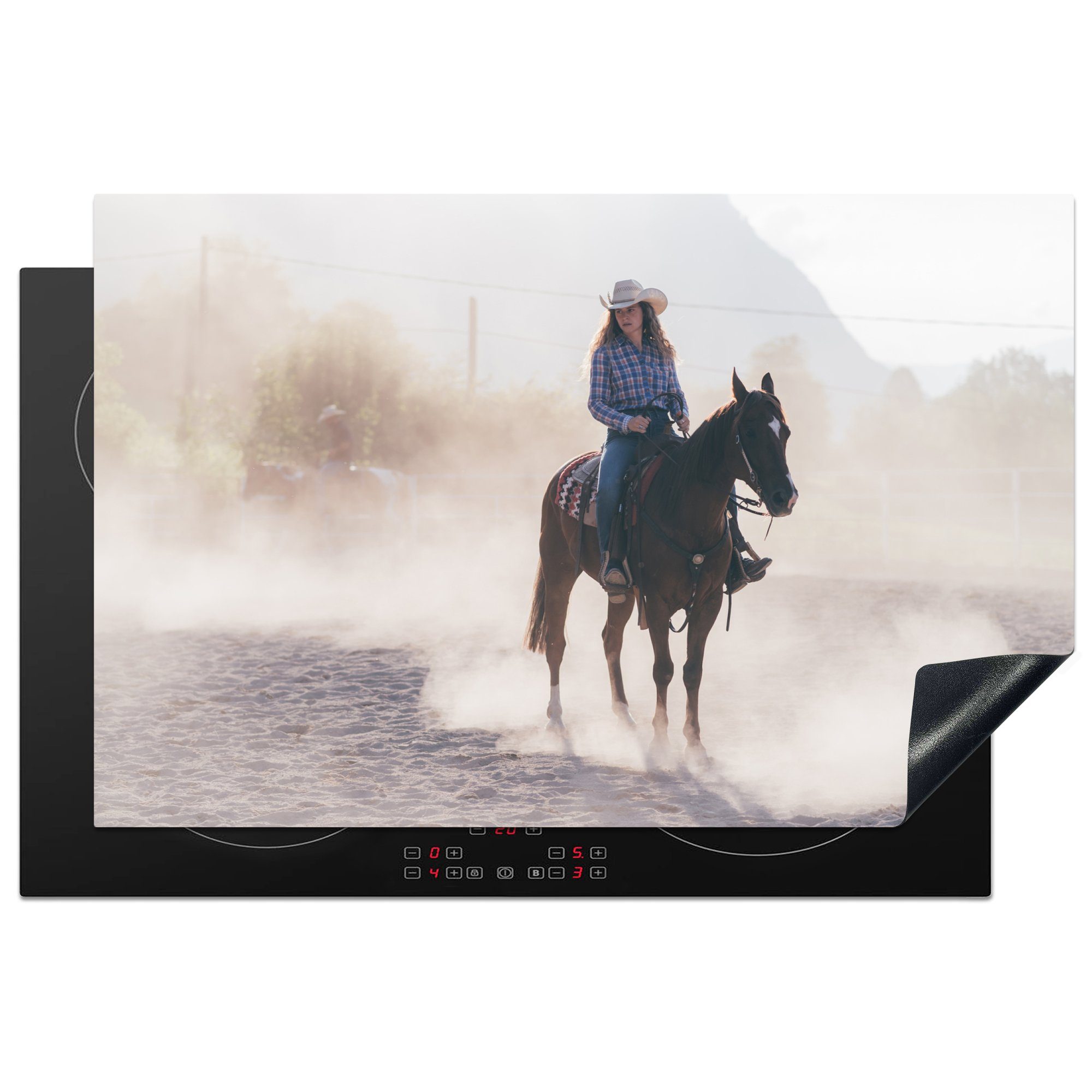 MuchoWow Herdblende-/Abdeckplatte Pferde - Nebel - Cowgirl, Vinyl, (1 tlg), 81x52 cm, Induktionskochfeld Schutz für die küche, Ceranfeldabdeckung