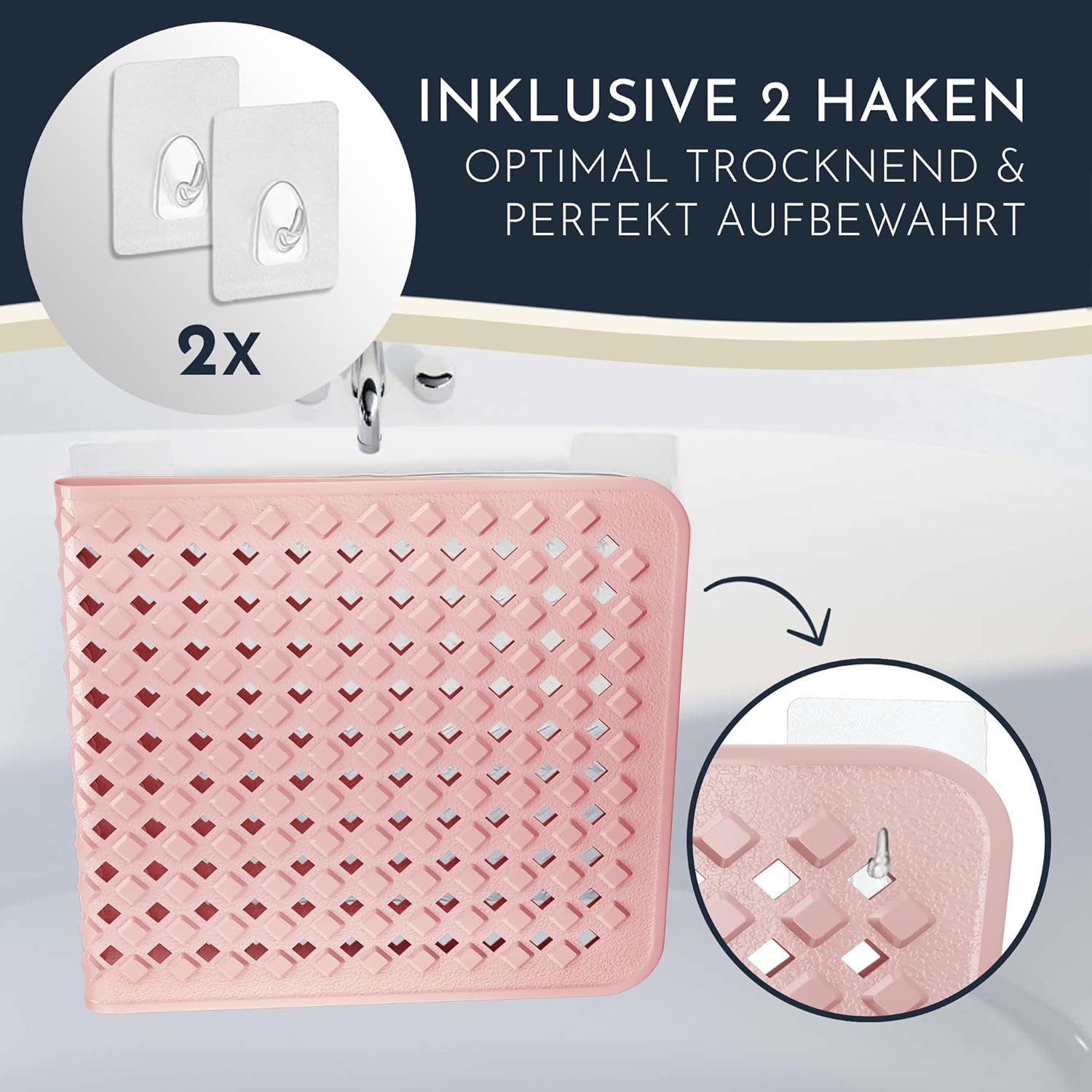 Homerella Badematte rutschfest Hautsensitiv 88x39cm, INKL. AUFHÄNGUNG, Antirutschmatte Badewanne BPA frei, Duschmatte schimmelresistent & maschinenwaschbar