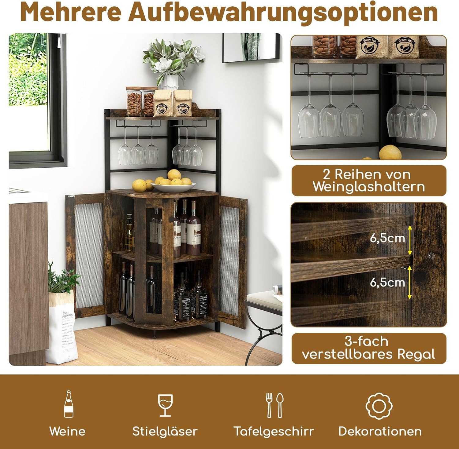 KOMFOTTEU Weinschrank Eck-Barschrank Weinbarschrank mit Glashalter, verstellbarem Regal, Metallgittertüren – Bild 4 von 5