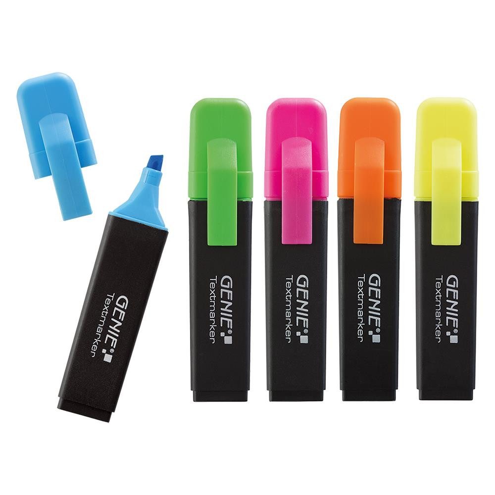 GENIE Marker Leuchtstift-Set mit 5 Neonfarben und PVC-Etui, (Schreibwaren-Set, 6-tlg., 5 Neonmarker und PVC-Aufbewahrungstasche), Keilspitze, 1–5 mm Strichbreite, Tinte auf Wasserbasis
