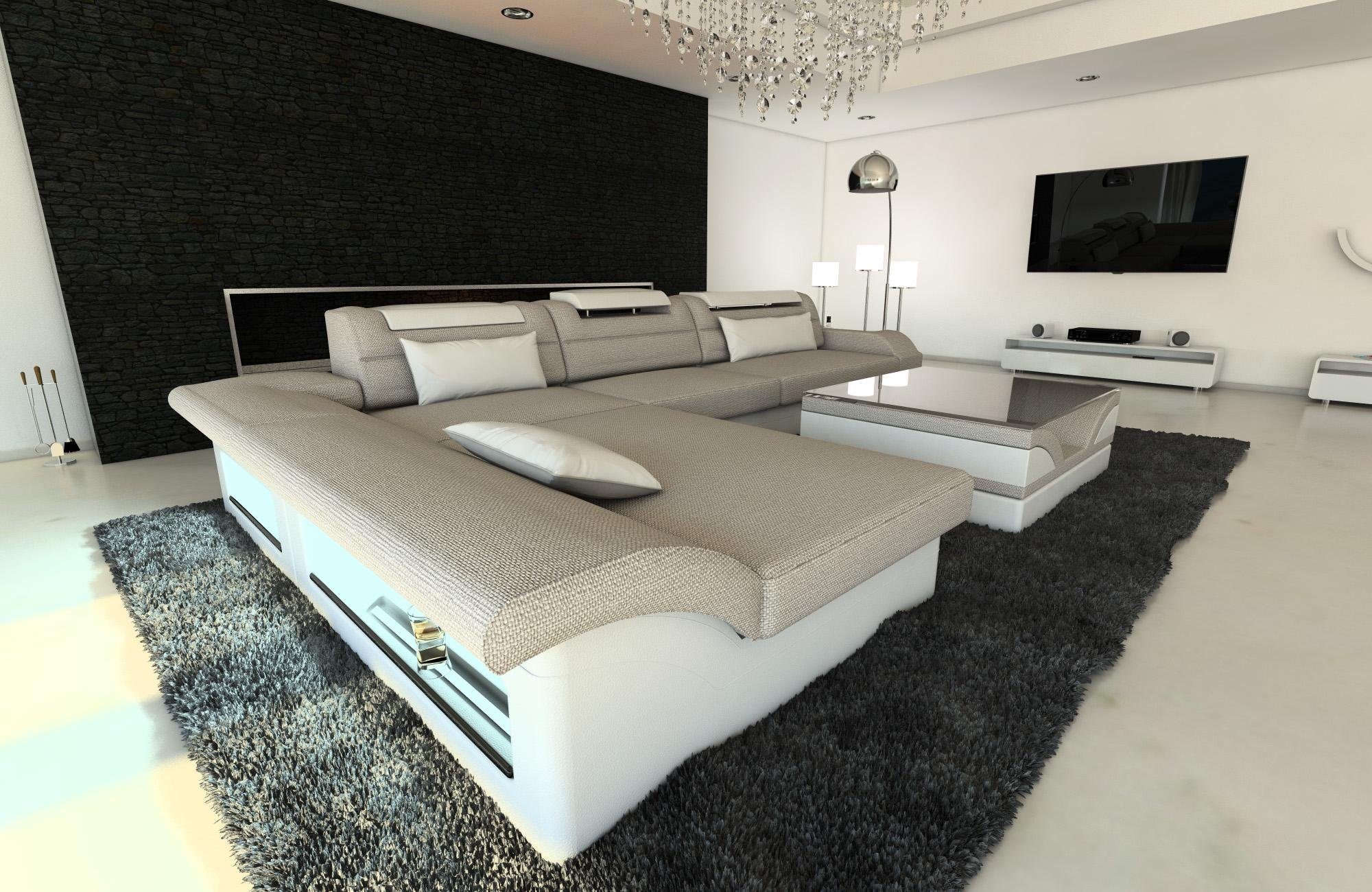 Polstersofa mit Macchiato-Weiss Couch LED, L Ecksofa Sofa Dreams Stoffsofa H2 Designersofa Monza Stoff ausziehbare Bettfunktion, Form,