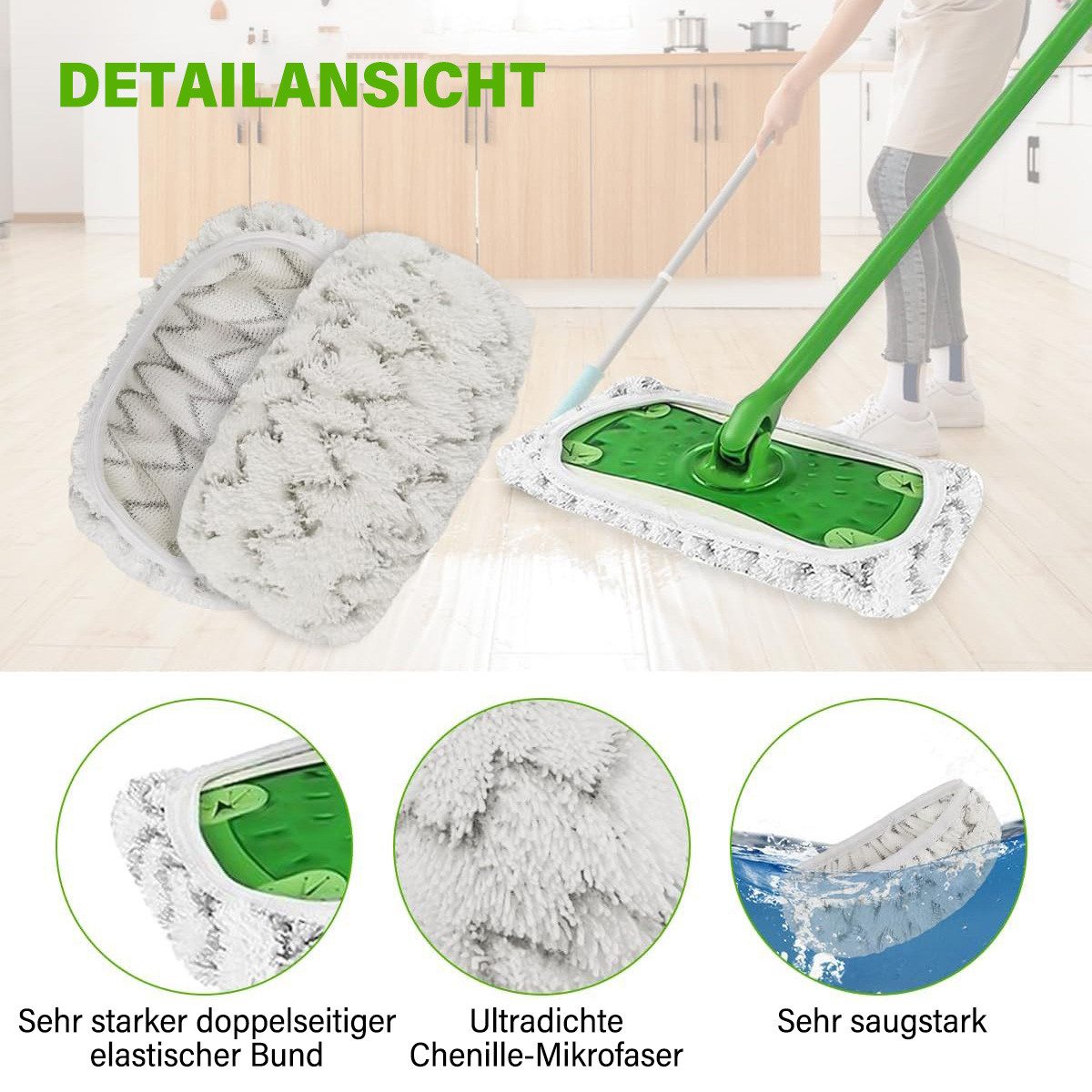 MOPUEA Wischmopp 6 Pack Wiederverwendbarer Wischbezug Mikrofaser passend für Swiffer, (Boden-Nachfüllungen für Hartholz, Fliesen, Laminat, 6-St., super saugfähig und einfach zu befestigen), waschbare Ersatz-Pads für Dampfreiniger