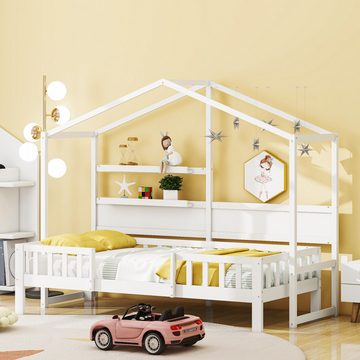 IDEASY Jugendbett Kinderbett, Dachdesign, weiß/grau, 2-stufiges Ablagefach, (Kinderzimmer, Schlafzimmer, Jugendzimmer), 21 cm über dem Boden, 90 x 200 cm, Zaun auf allen Seiten