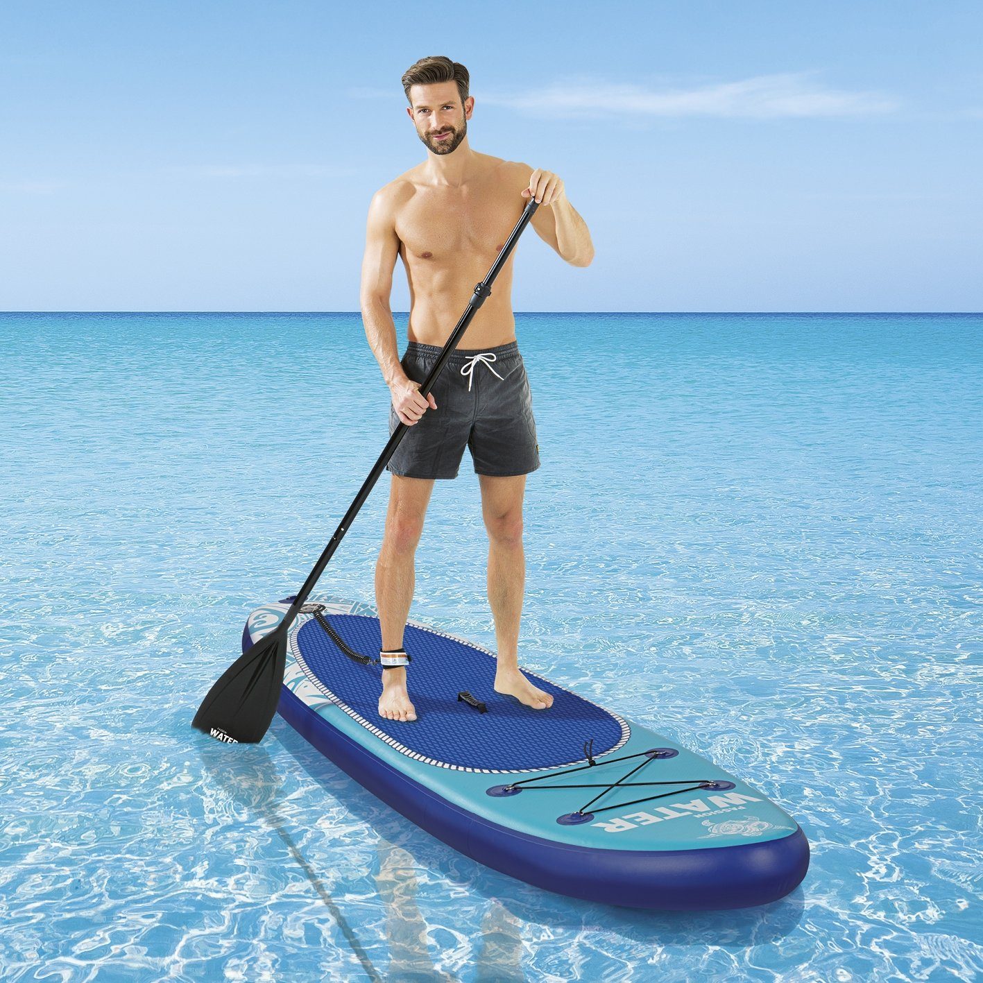 MAXXMEE Inflatable SUP-Board, 300 cm, Set Paddle up Board Komplett Paddel Paddle-Board SUP Paddling Stand Board 110kg, blau/türkis inkl. Stand-Up